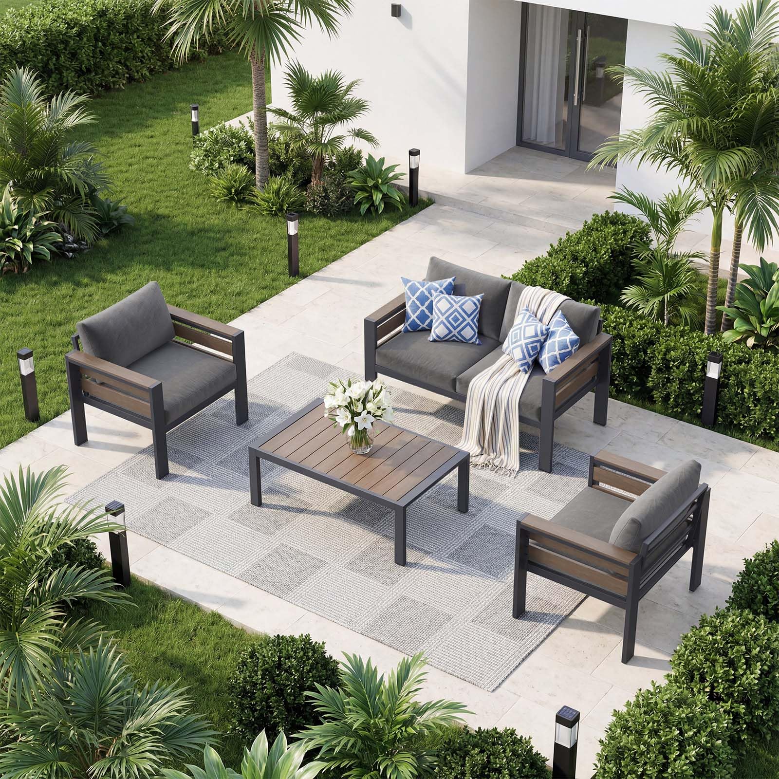 DoCred Aluminum Patio Furniture Set, 3-Seat Metal Sofa for Patio Conversation Set, Outdoor Sofa Set for Porch, Balcony, Deck, Yard, Poolside