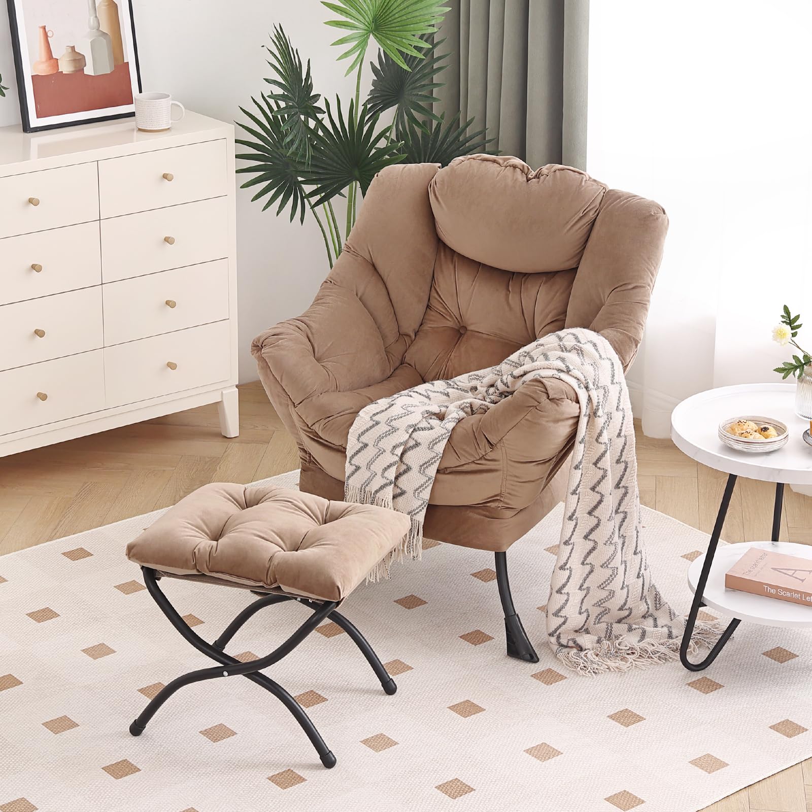 Furlide Lazy Chair with Ottoman, Modern Accent Chair with Armrests and a Side Pocket, Orange Accent Chairs, Reading Chairs, Oversized Armchairs for Bedroom, Study, Living Room, Courtyard