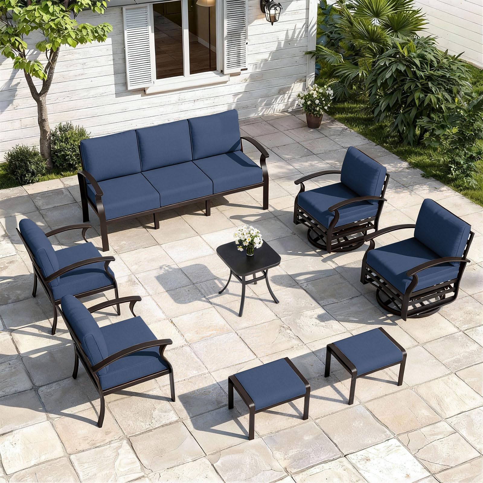 ALAULM Aluminum 3-Seat Patio Furniture Set, Metal Outdoor Furniture Sectional Sofas w/5.1" Cushions for Patio, Backyard, Poolside-DarkBlue