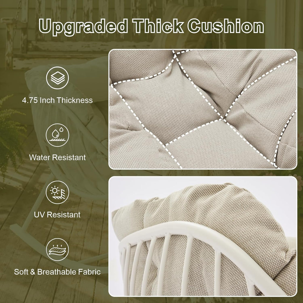 Oversized Outdoor Rocking Chair, Patio Papasan Egg Chair, Rocker Reading Lounge with Thick Cushion, Comfy Indoor Rocker Chair for Bedroom, Living Room, Porch, Poolside