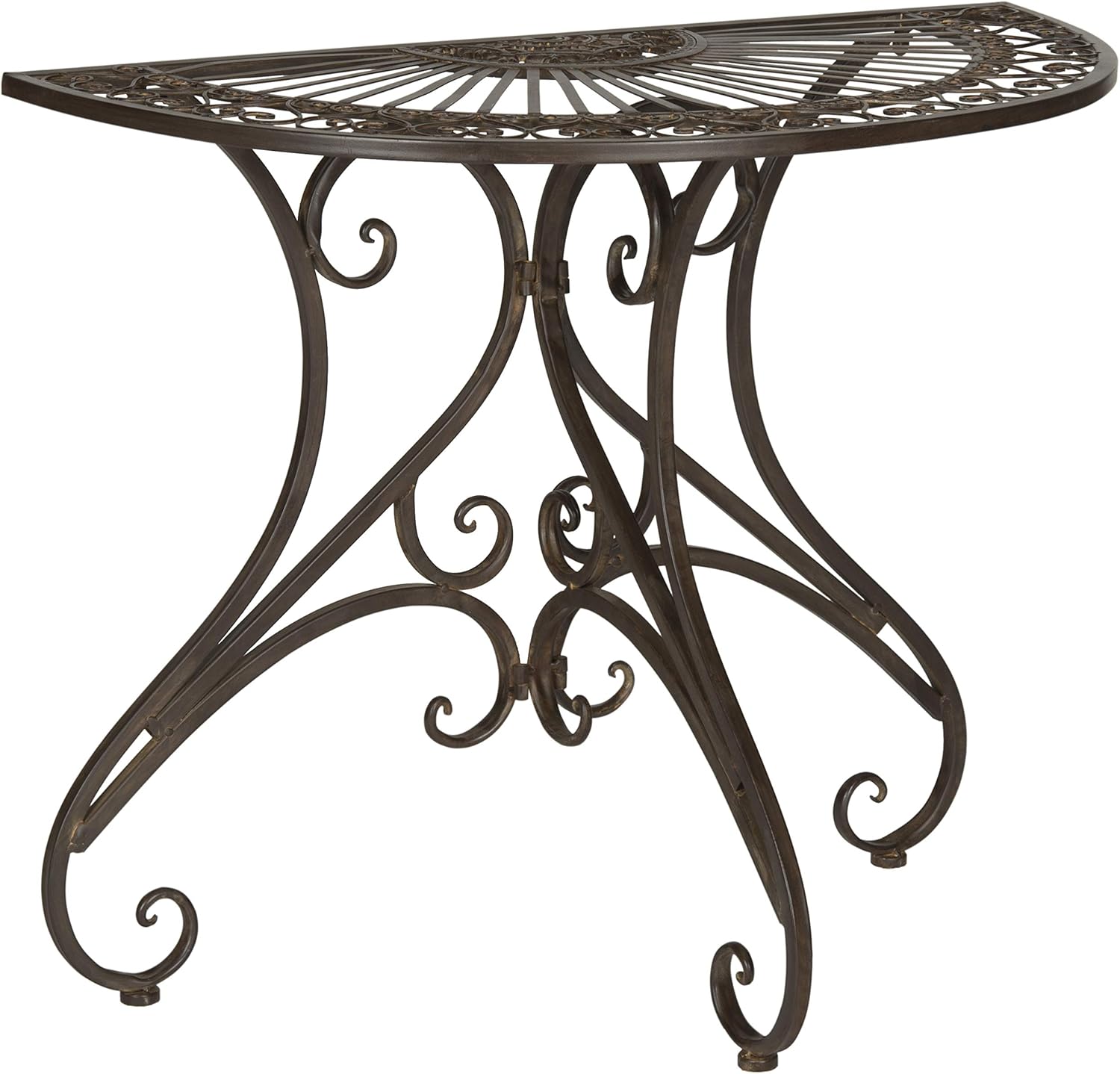 SAFAVIEH Outdoor - Annalise Half-Moon Accent Table - Rustic Brown Iron Metal - Vintage Baroque Scrollwork - Ideal for Patio, Deck, Porch, Garden, 35.5" W x 18.5" D x 29" H (PAT5008B)