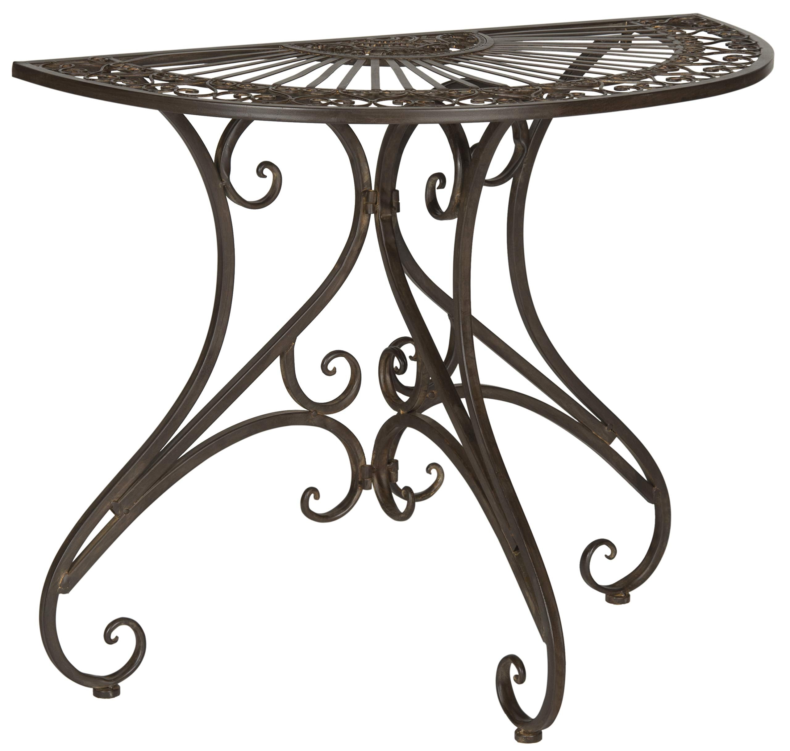SAFAVIEH Outdoor - Annalise Half-Moon Accent Table - Rustic Brown Iron Metal - Vintage Baroque Scrollwork - Ideal for Patio, Deck, Porch, Garden, 35.5" W x 18.5" D x 29" H (PAT5008B)