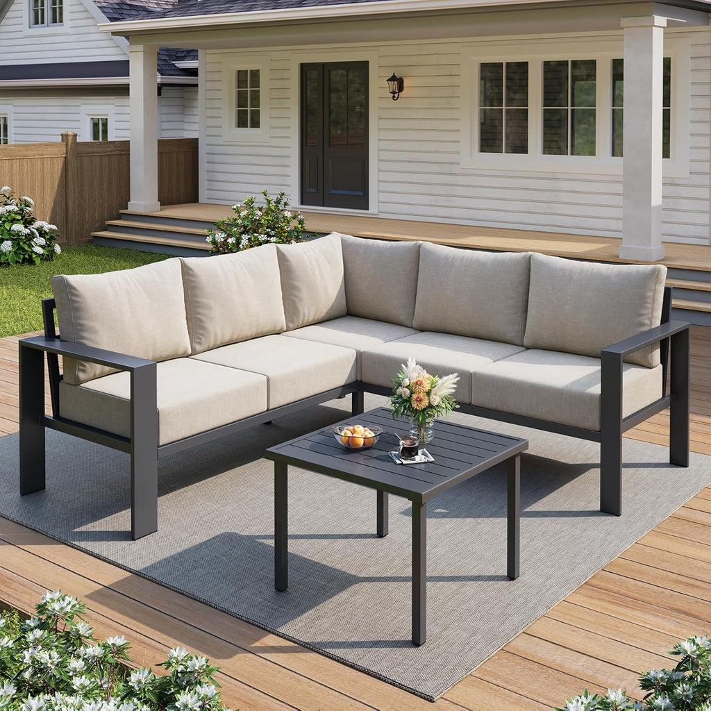 UDPATIO 6 Piece Patio Furniture Set, Metal Outdoor Sectional Sofa with 6" Thick Olefin Cushions, Wide Armrest & Coffee Table, L Shaped Outdoor Furniture for Garden, Backyard Beige