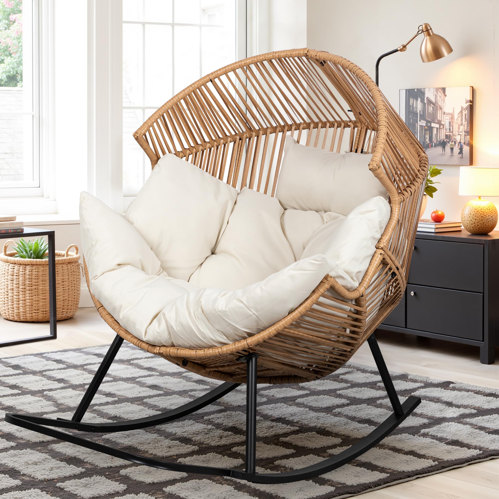 Vongrasig Wicker Egg Chair PE Rattan Chair with Cushion, Oversized Patio Lounge Chair for Outdoor, Indoor, Balcony, Backyard, Garden, Living Room, Beige
