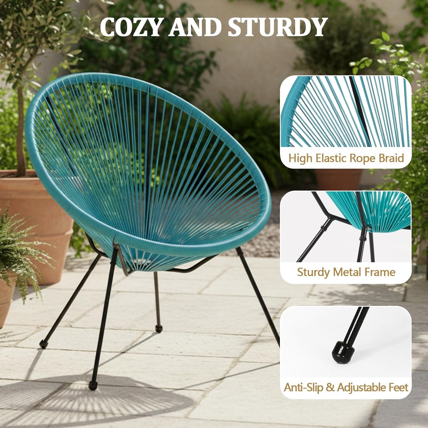 Acapulco Chair of 2, Outdoor Egg Chair with Woven Rattan Steel Frame for Backyard Poolside Balcony Indoor Dining Room (Blue)