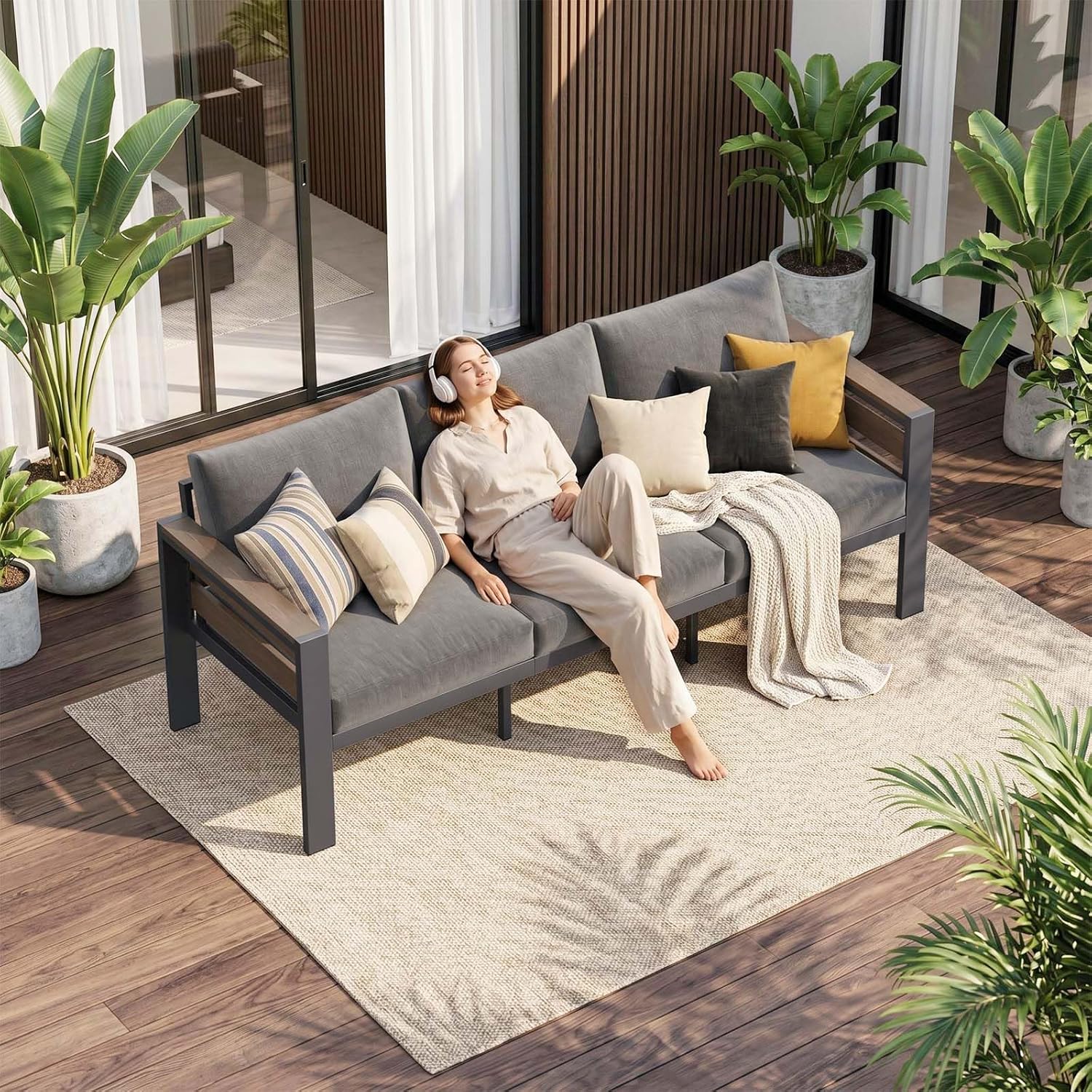 DoCred Aluminum Patio Furniture Set, 3-Seat Metal Sofa for Patio Conversation Set, Outdoor Sofa Set for Porch, Balcony, Deck, Yard, Poolside