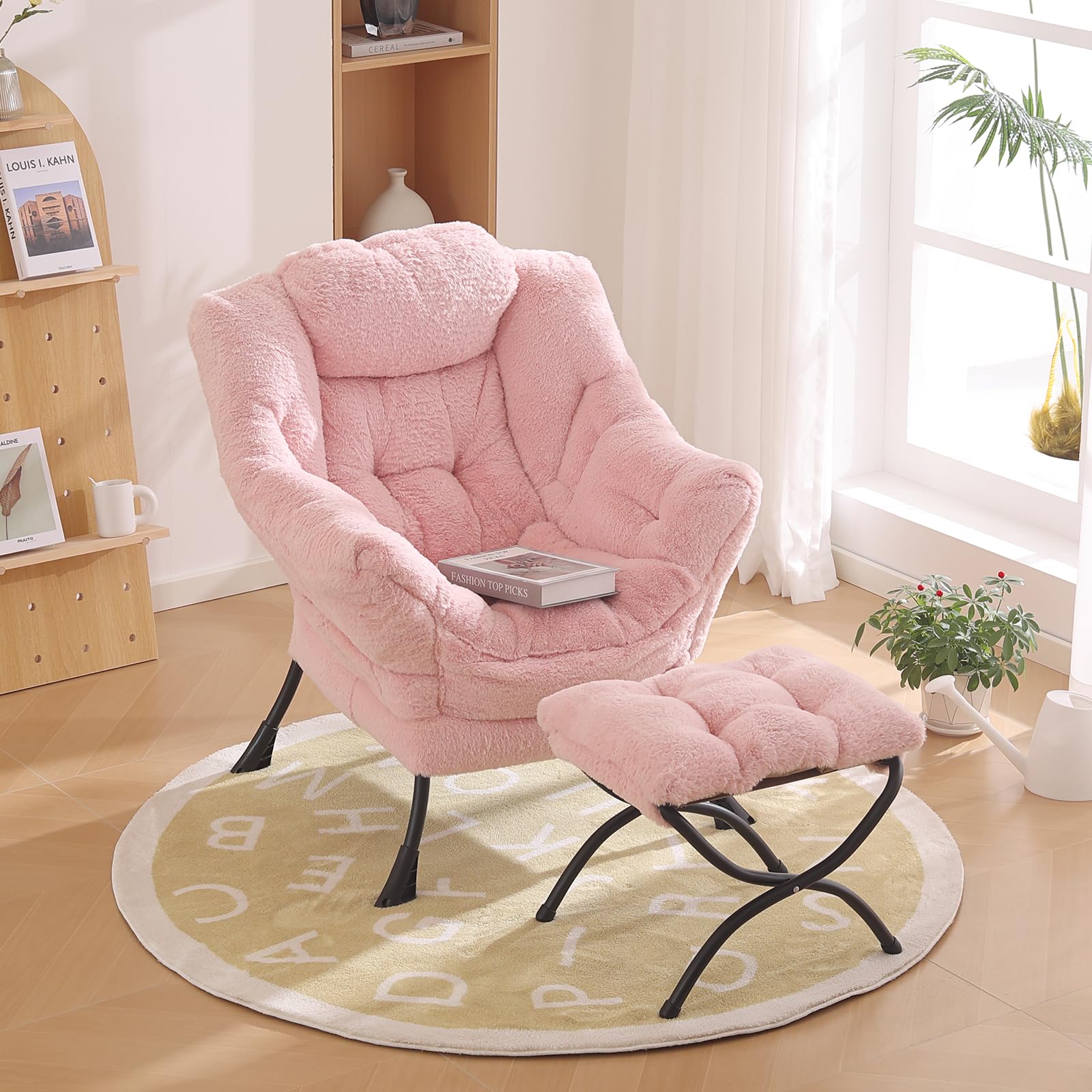 Furlide Lazy Chair with Ottoman, Modern Accent Chair with Armrests and a Side Pocket, Black Accent Chairs, Reading Chairs, Oversized Armchairs for Bedroom, Study, Living Room, Courtyard