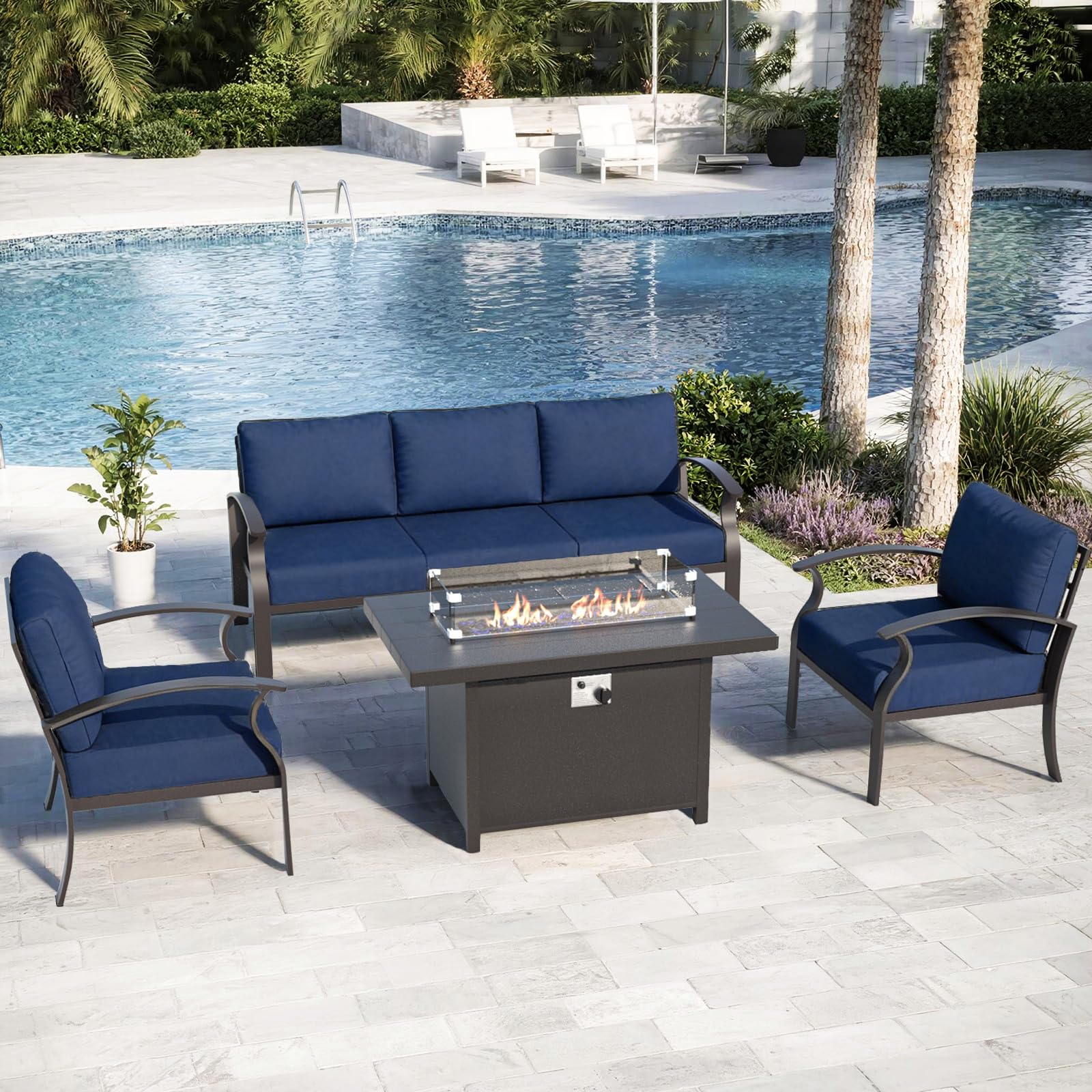 ALAULM Aluminum 3-Seat Patio Furniture Set, Metal Outdoor Furniture Sectional Sofas w/5.1" Cushions for Patio, Backyard, Poolside-DarkBlue