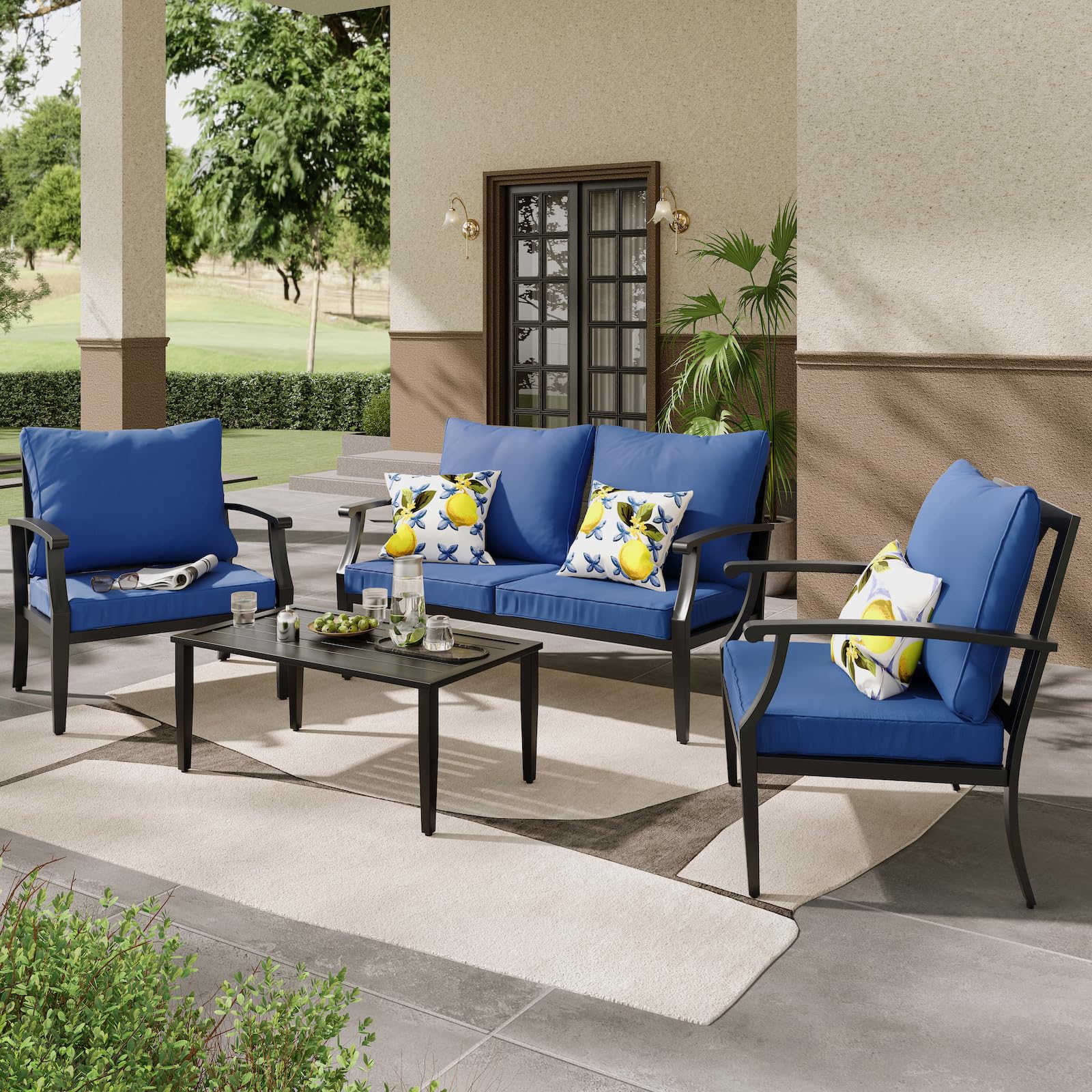 JOYURE 4 Pieces Patio Furniture Set w/loveseat,Coffe Table,Outdoor Conversation Metal Sofa with High Back and Thick Cushion,for Backyard,Garden,Beige