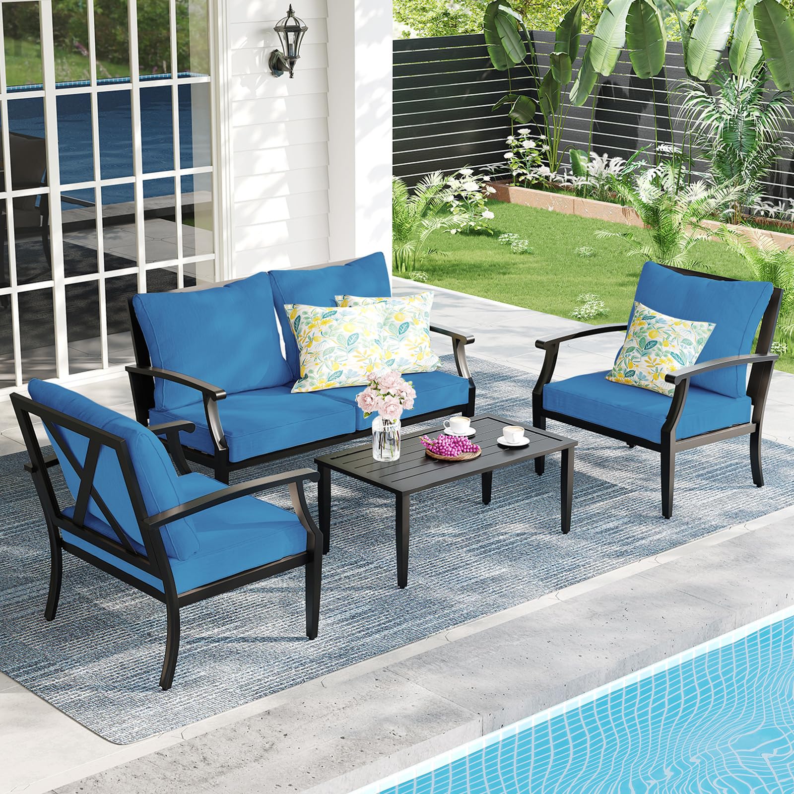 4-Piece Patio Furniture Set, Wider Outdoor Metal Seating Sofa with High Back & Loveseat, Coffee Table, All Weather Metal Conversation Set for Backyard, Poolside, Deck-Beige