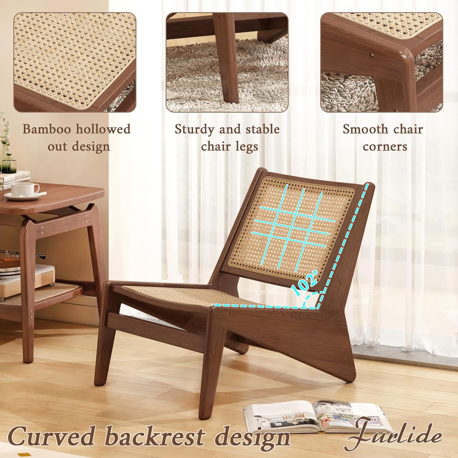 Furlide Mid-Century Rattan Accent Chair, Walnut