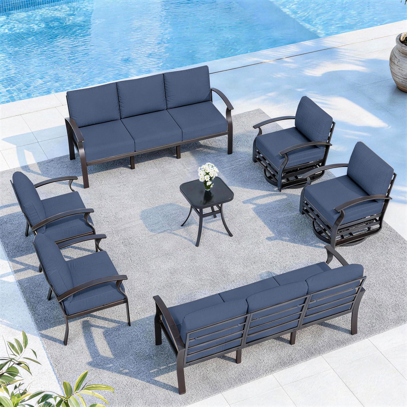ALAULM Aluminum 3-Seat Patio Furniture Set, Metal Outdoor Furniture Sectional Sofas w/5.1" Cushions for Patio, Backyard, Poolside-DarkBlue