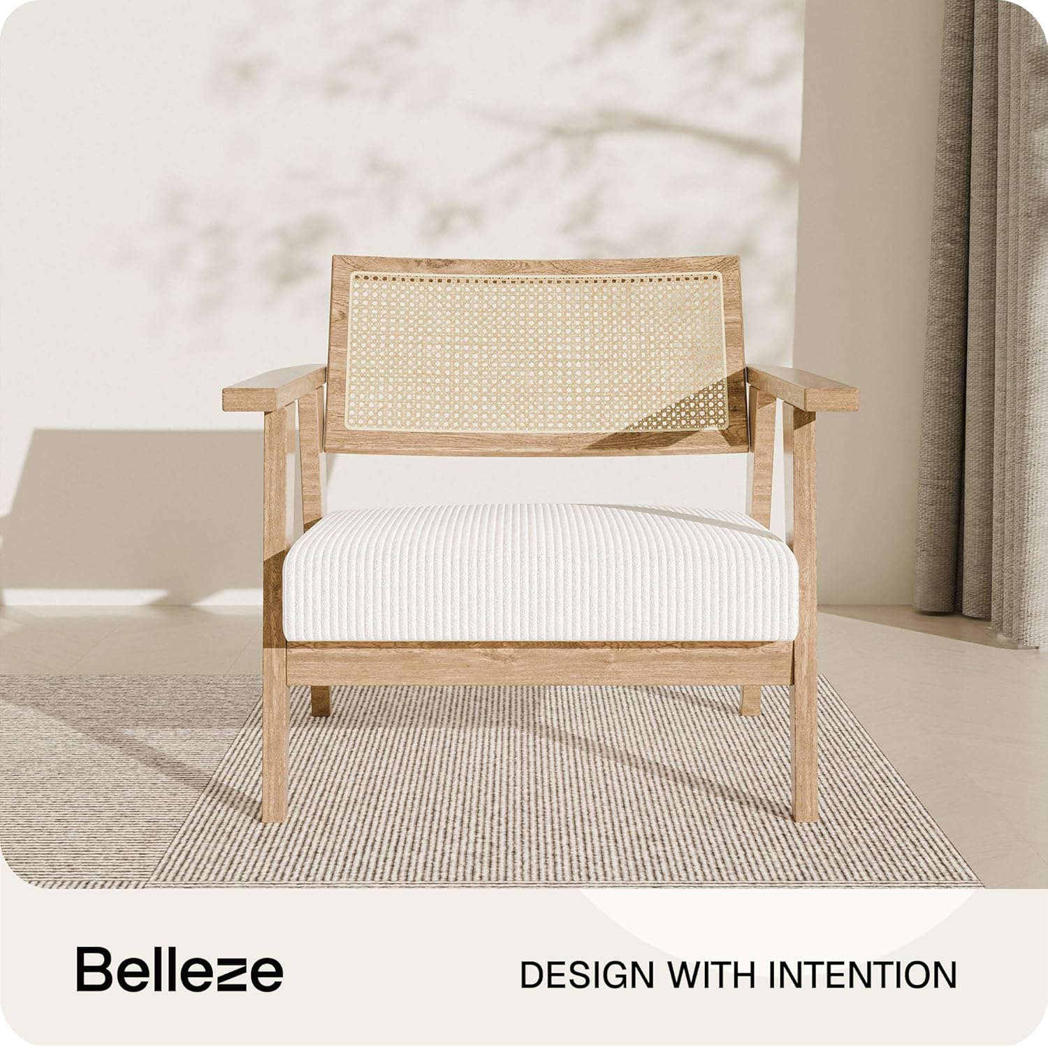 BELLEZE Mid Century Modern Rattan Chair Accent Natural Wood Armchair with Upholstered Seat and Cane Back, Boho Retro Lounge Chair for Living Room Bedroom Office