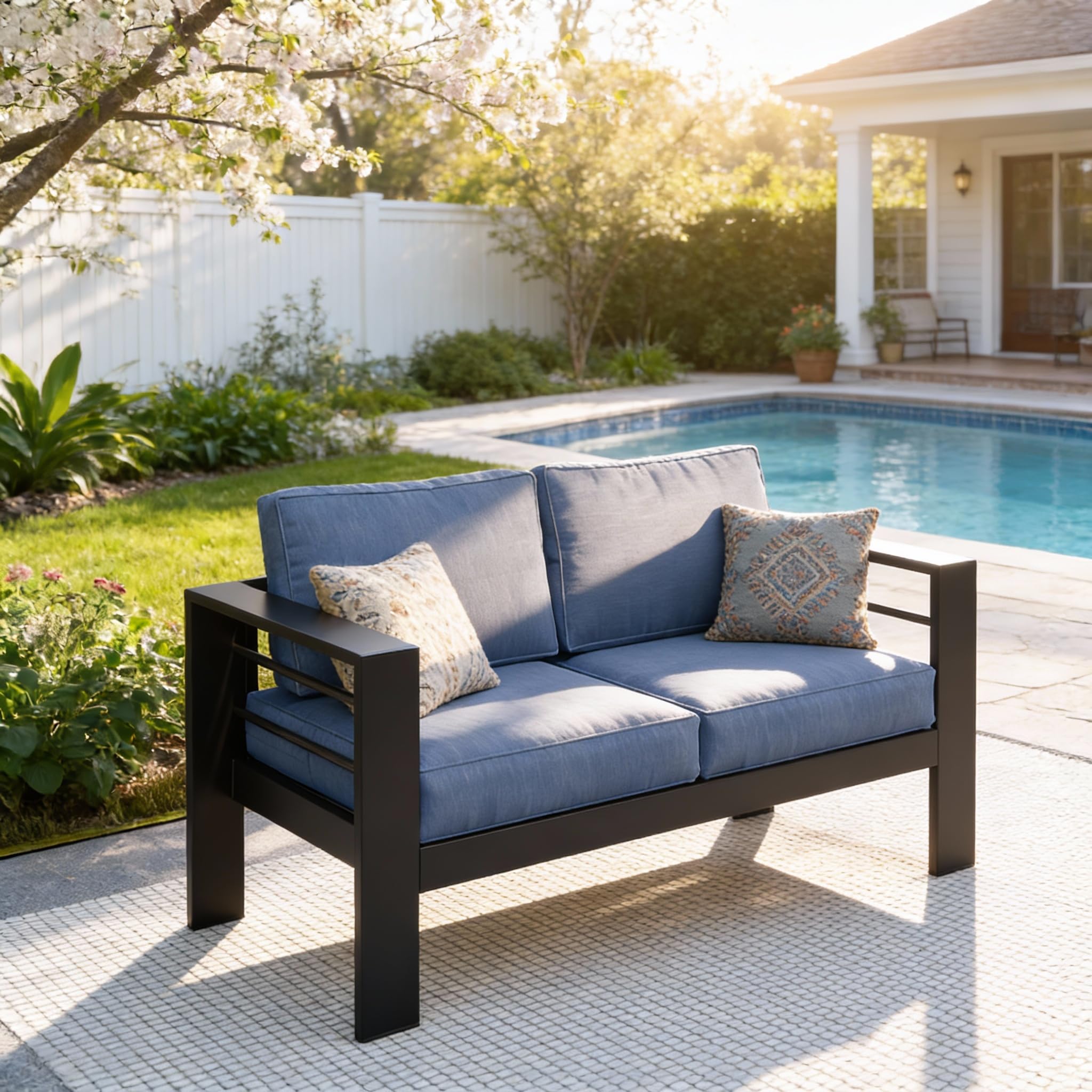 Kiss the Water Outdoor Couch Aluminum Patio Furniture Sofa, 3 Seat All-Weather Metal Patio Couch with 5" Thick and Soft Cushion and Wide Arm, Outdoor Sofa for Balcony, Porch
