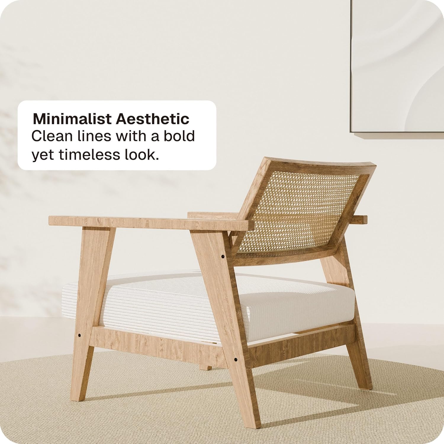 BELLEZE Mid Century Modern Rattan Chair Accent Natural Wood Armchair with Upholstered Seat and Cane Back, Boho Retro Lounge Chair for Living Room Bedroom Office