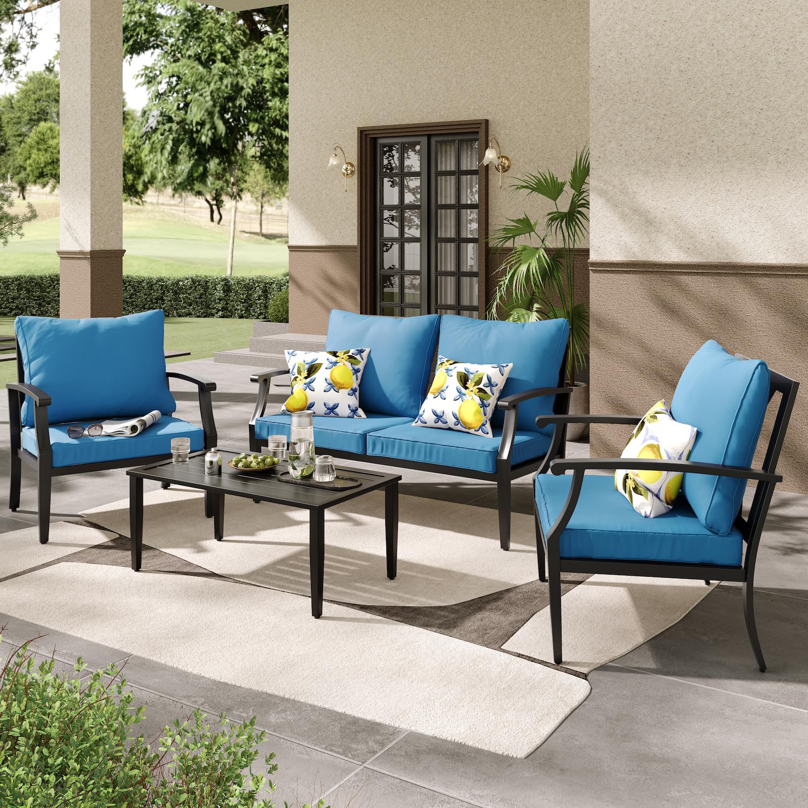 JOYURE 4 Pieces Patio Furniture Set w/loveseat,Coffe Table,Outdoor Conversation Metal Sofa with High Back and Thick Cushion,for Backyard,Garden,Beige