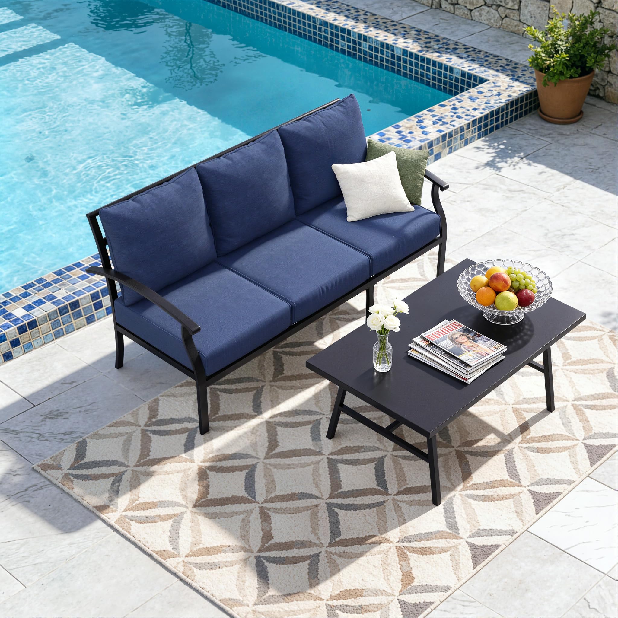 Kullavik Patio Furniture Set,4 Piece Metal Outdoor Patio Furniture Set,All Weather Modern Patio Conversation Sets w/3 Seater Sofa,2 Single Sofas and Coffee Table for Balcony Deck,Sand