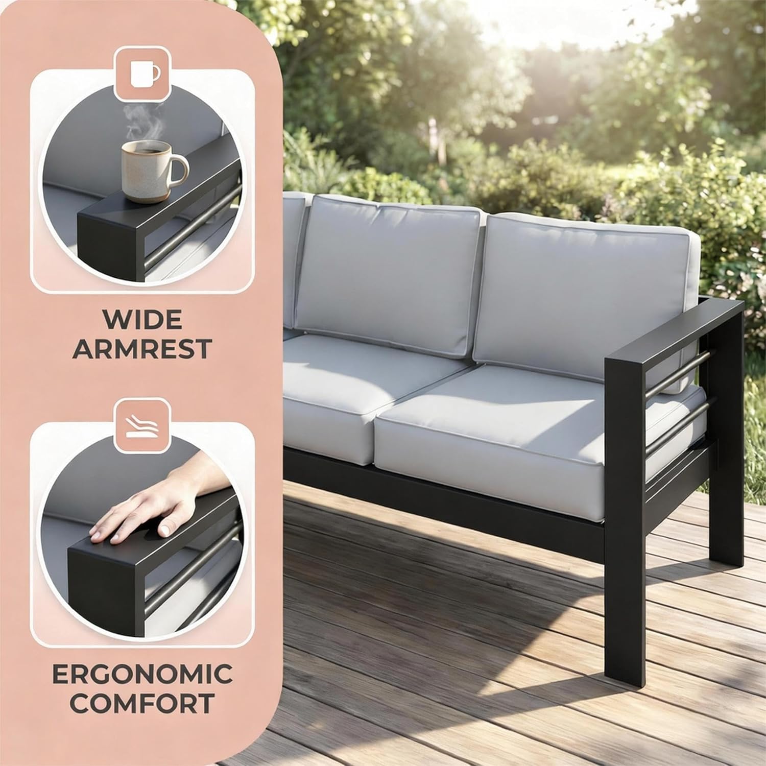 Kiss the Water Outdoor Couch Aluminum Patio Furniture Sofa, 3 Seat All-Weather Metal Patio Couch with 5" Thick and Soft Cushion and Wide Arm, Outdoor Sofa for Balcony, Porch