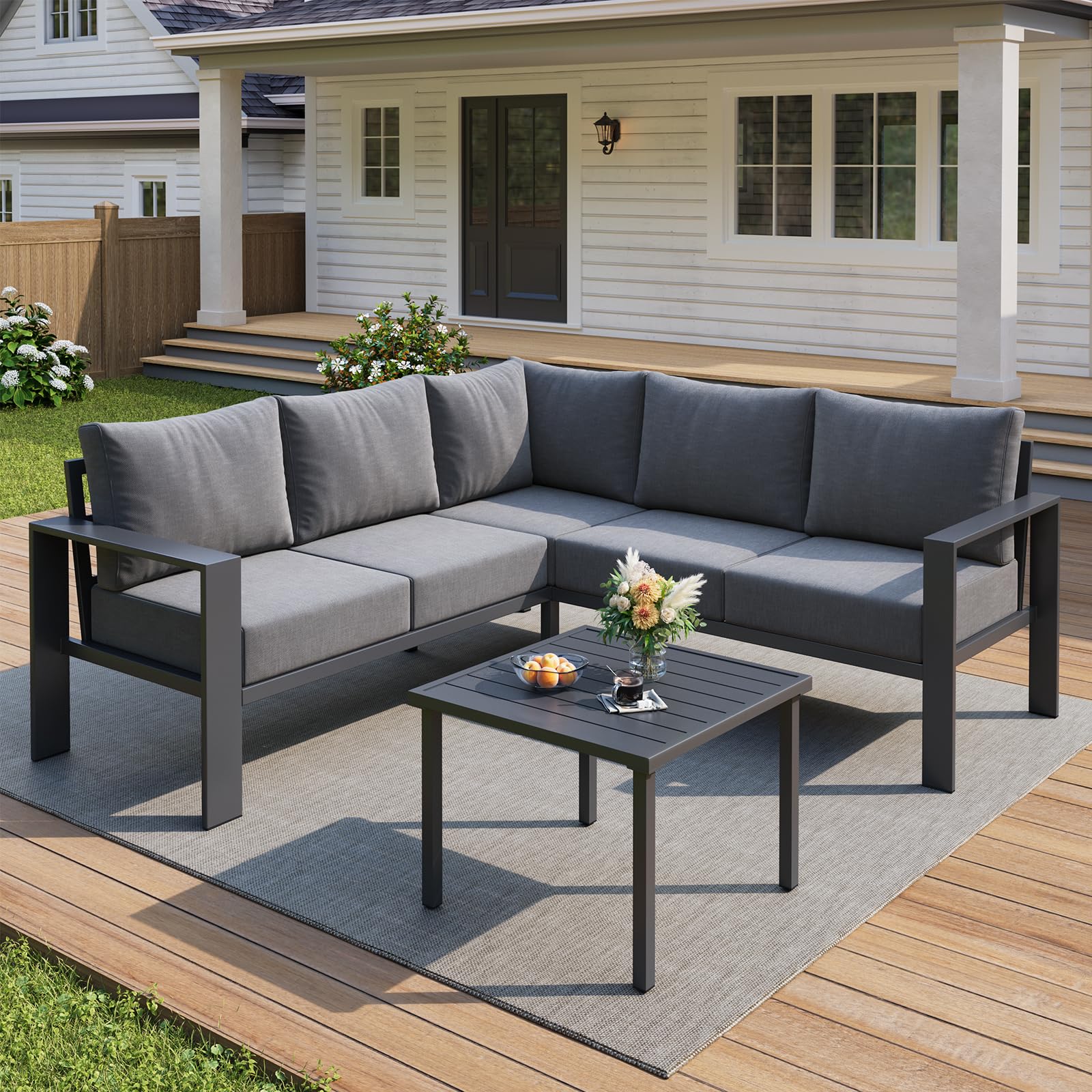 UDPATIO 6 Piece Patio Furniture Set, Metal Outdoor Sectional Sofa with 6" Thick Olefin Cushions, Wide Armrest & Coffee Table, L Shaped Outdoor Furniture for Garden, Backyard Beige