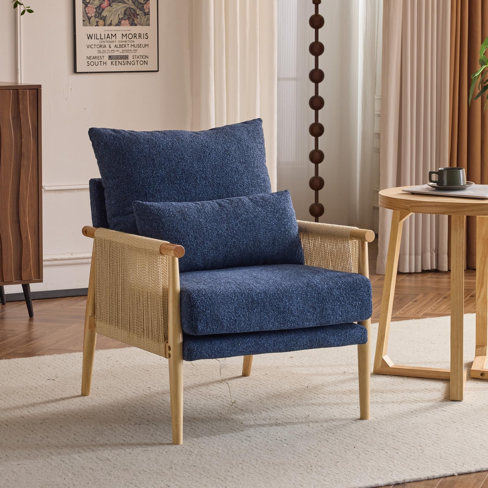 VINGLI Boho Braid Accent Armchair,Mid-Century Modern Chiar with Solid Wooden Armrest,Comfy Louge Cushion Chair with Waist Pillow for Bedroom,Living Room,Reading Room, Beige