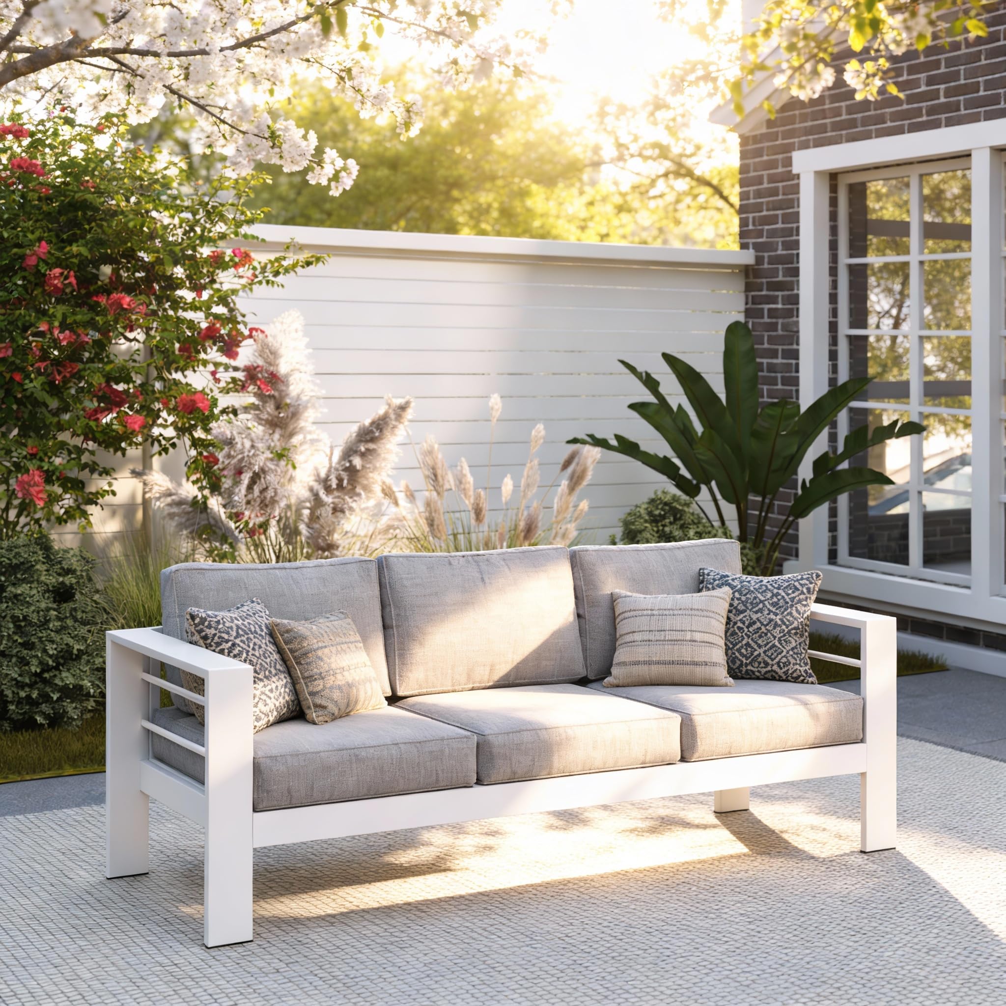 Kiss the Water Outdoor Couch Aluminum Patio Furniture Sofa, 3 Seat All-Weather Metal Patio Couch with 5" Thick and Soft Cushion and Wide Arm, Outdoor Sofa for Balcony, Porch