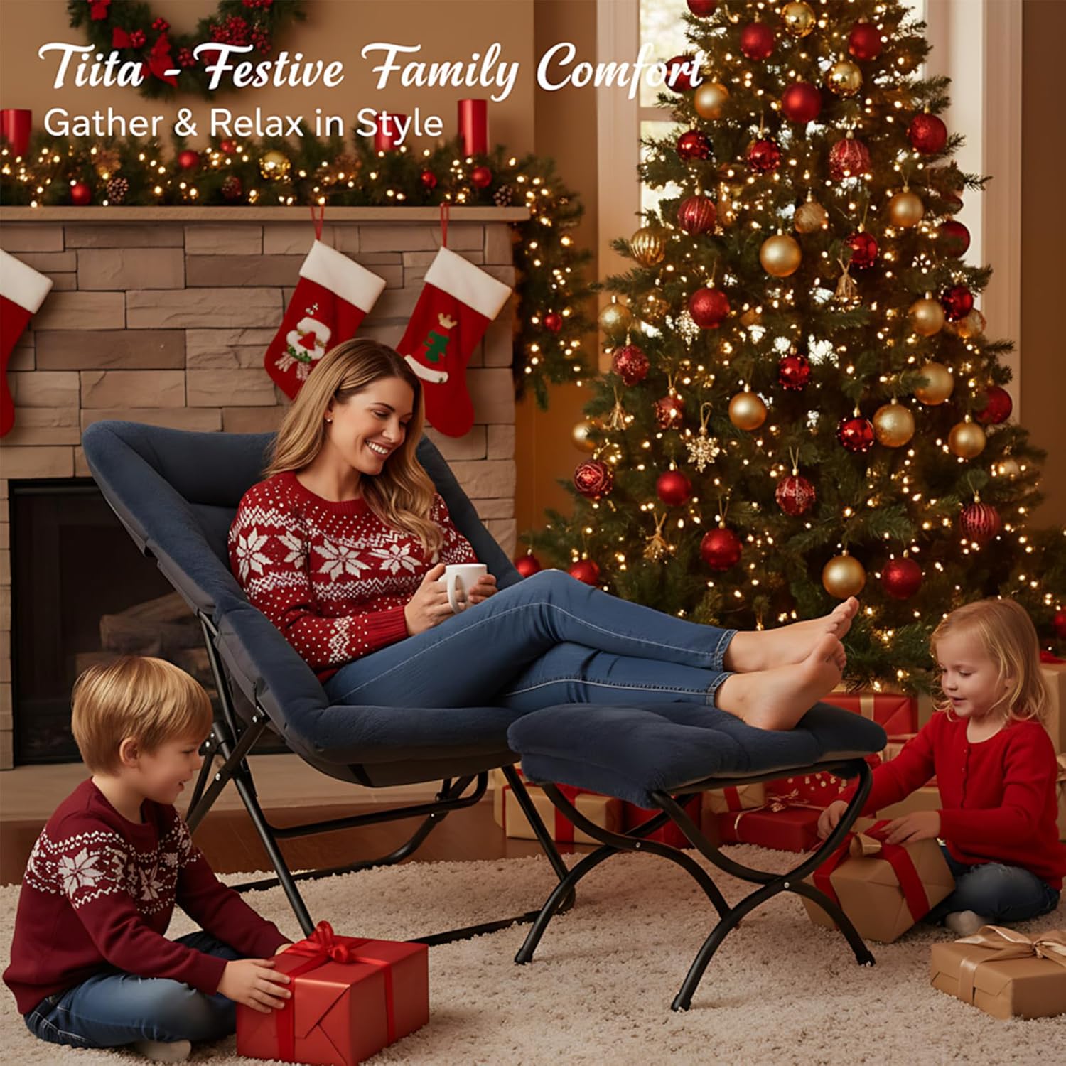 Tiita Folded Chair with Ottoman, Soft Faux Fur Oversized Folding Accent Chair,Lazy Chair, Metal Frame Moon Chair for Bedroom, Living Room, Dorm Rooms, Garden and Courtyard