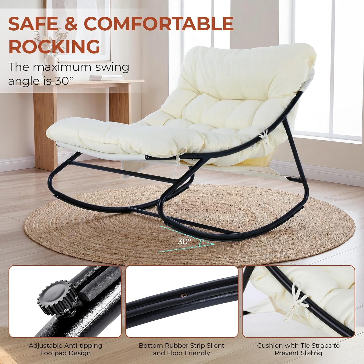 TLSUNNY Outdoor Papasan Rocking Chair, Lounge Chair with Cushion & Sturdy Metal Frame, Patio Rocker Chair for Balcony Backyard Porch Bedroom (1, Beige)