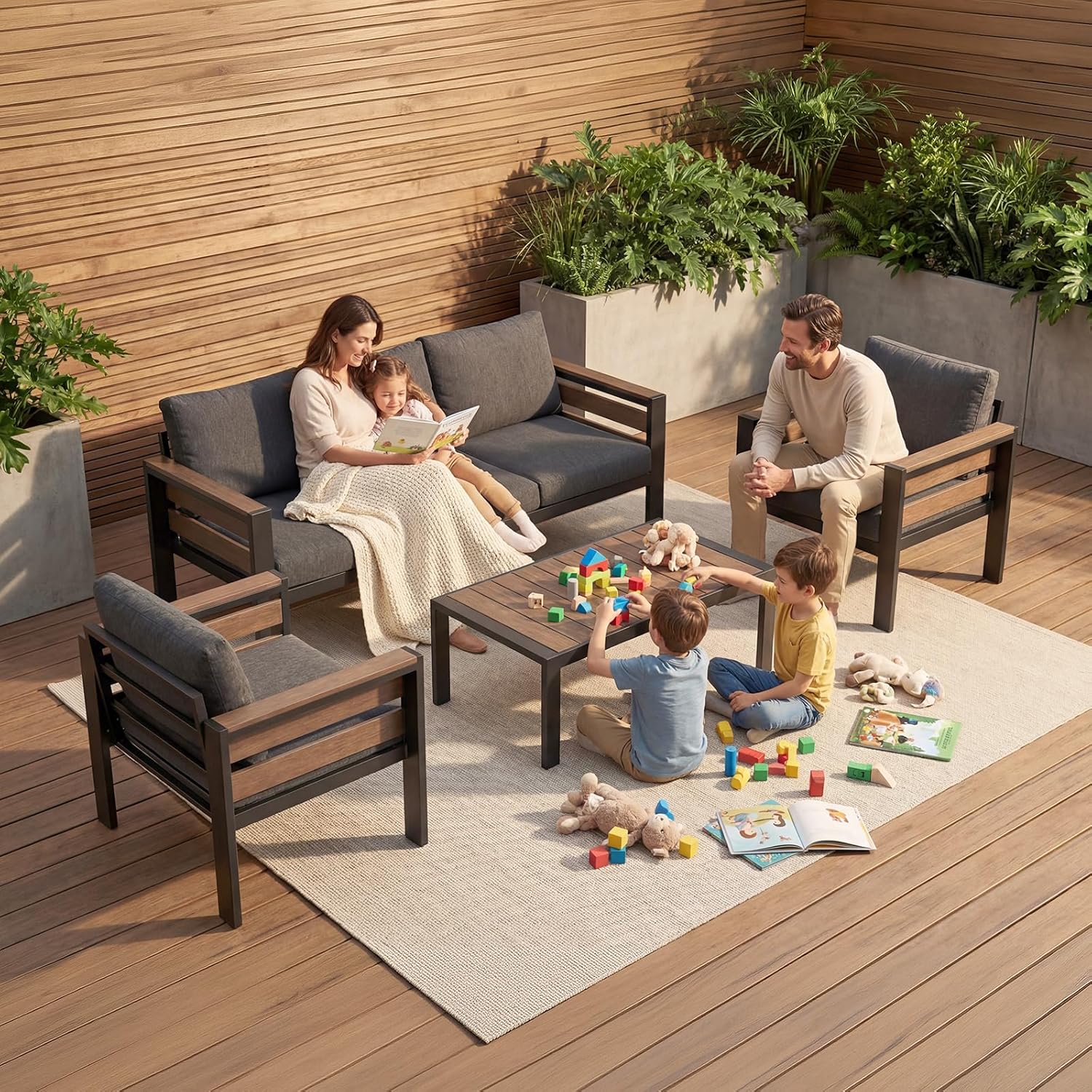 Outdoor Aluminum Patio Furniture Set, 3 Seat Rust-resistant Patio Conversation Sofa with Thick Washable Cushions and 15.2"H Supported Back, Oversized Metal Sectional Sofa Set for Backyard Porch Deck