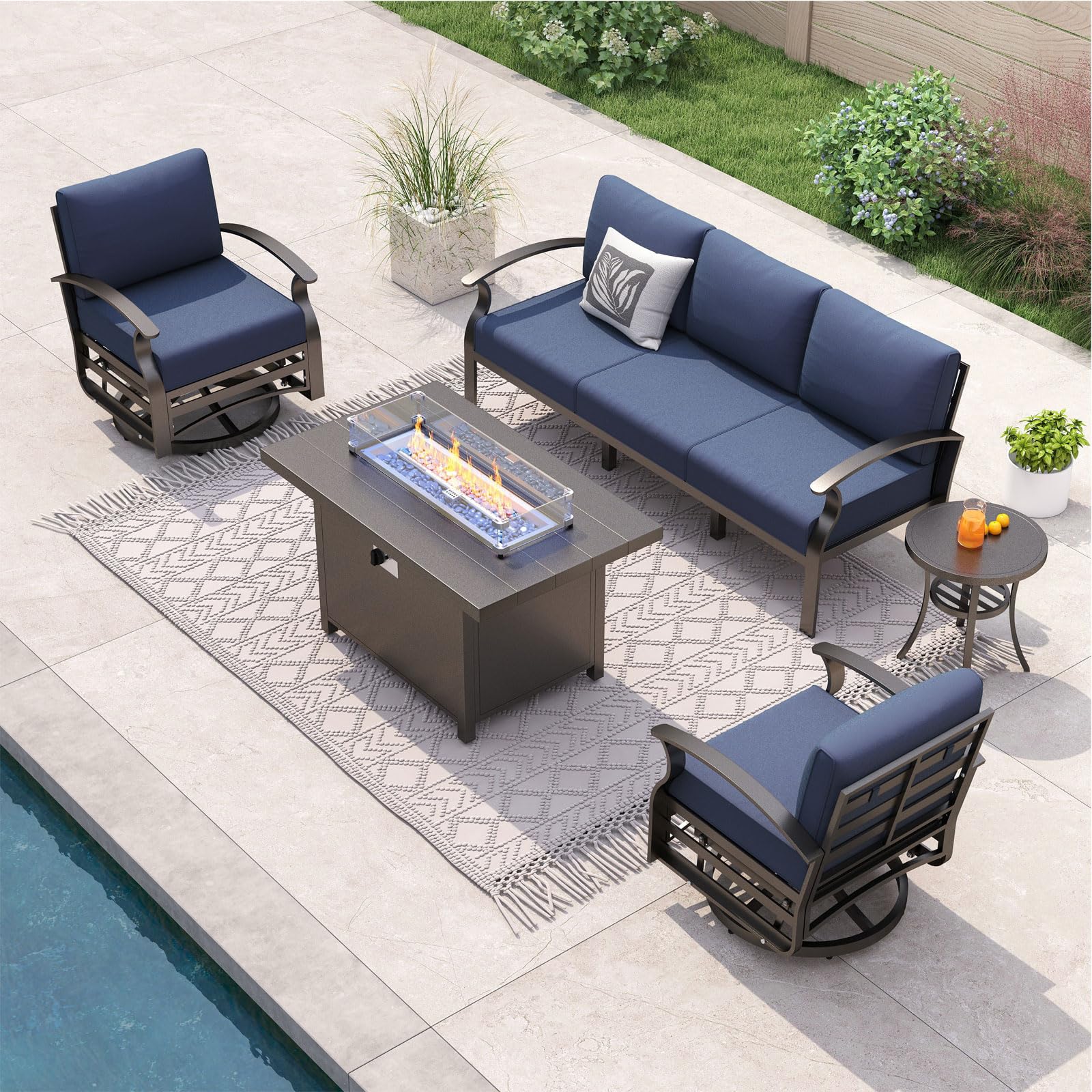 ALAULM Aluminum 3-Seat Patio Furniture Set, Metal Outdoor Furniture Sectional Sofas w/5.1" Cushions for Patio, Backyard, Poolside-DarkBlue