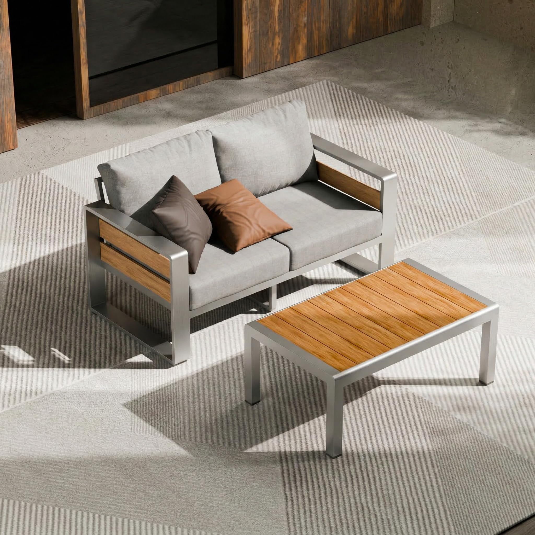 ZANDOR Outside Aluminum Lawn Furniture - 1 Pcs Loveseat, All-Weather Metal Modern Outdoor Loveseat Sofa with Washable Thick Cushion for Garden/Backyard/Porch, Silver
