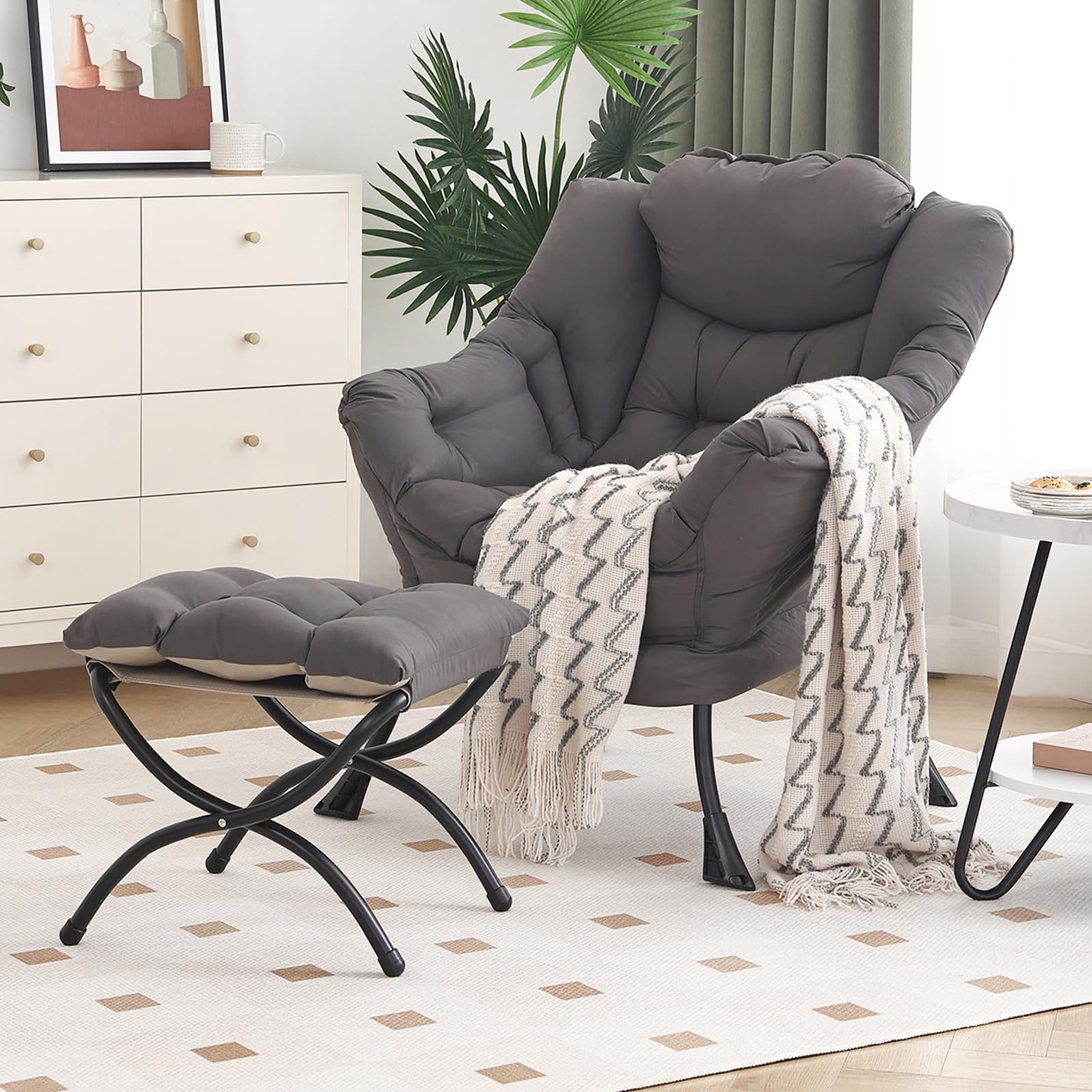 Furlide Lazy Chair with Ottoman, Modern Accent Chair with Armrests and a Side Pocket, Orange Accent Chairs, Reading Chairs, Oversized Armchairs for Bedroom, Study, Living Room, Courtyard