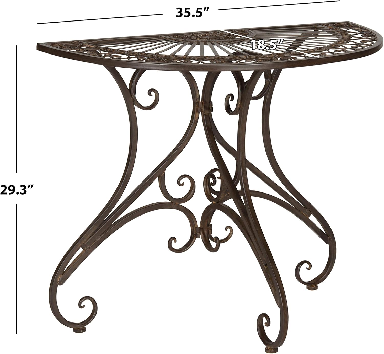 SAFAVIEH Outdoor - Annalise Half-Moon Accent Table - Rustic Brown Iron Metal - Vintage Baroque Scrollwork - Ideal for Patio, Deck, Porch, Garden, 35.5" W x 18.5" D x 29" H (PAT5008B)