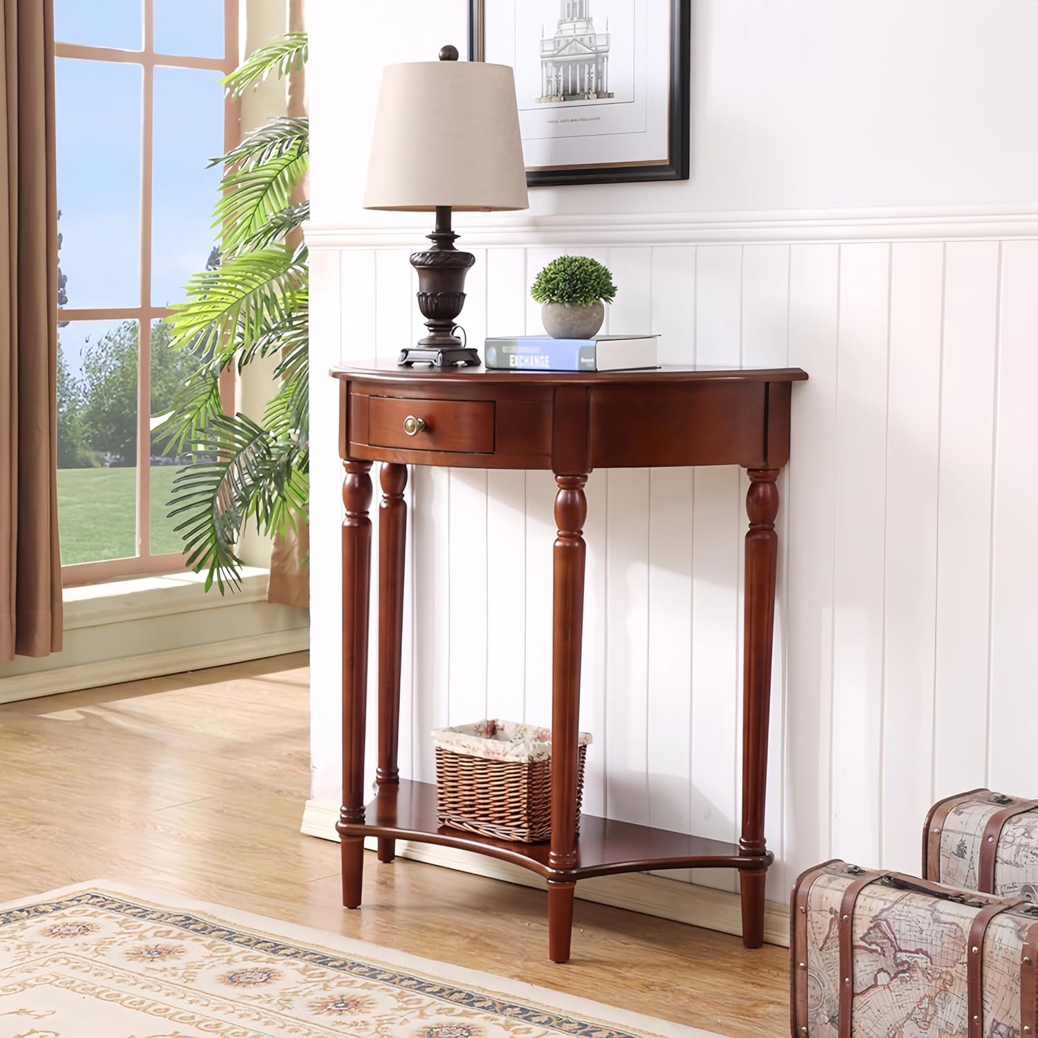 Solid Wood Console Table with Drawer, Semi-Circle Entryway Storage Shelf, Half-Moon Porch Table Side Elegant Vintage Sofa for Living Room (23.6" L x 11.8" W x 31.5" H)