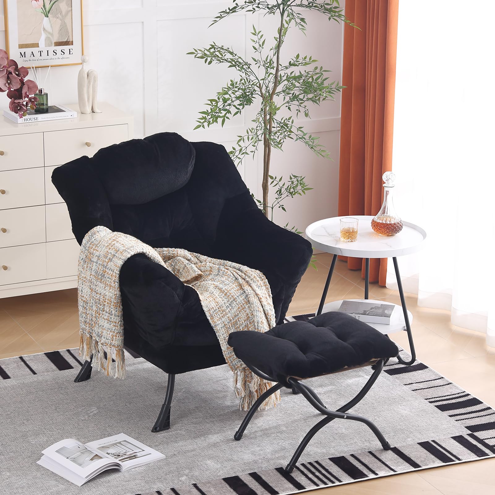 Furlide Lazy Chair with Ottoman, Modern Accent Chair with Armrests and a Side Pocket, Orange Accent Chairs, Reading Chairs, Oversized Armchairs for Bedroom, Study, Living Room, Courtyard