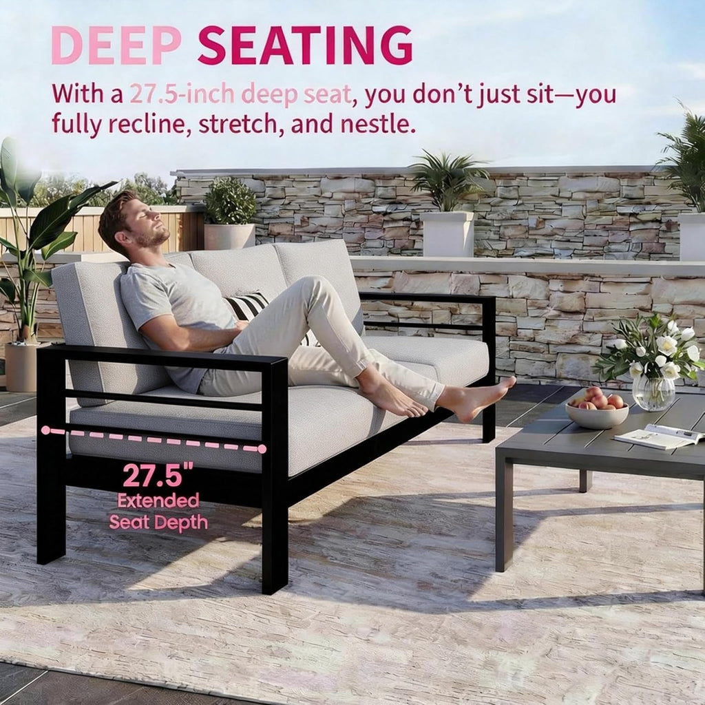 Kiss the Water Outdoor Couch Aluminum Patio Furniture Sofa, 3 Seat All-Weather Metal Patio Couch with 5" Thick and Soft Cushion and Wide Arm, Outdoor Sofa for Balcony, Porch