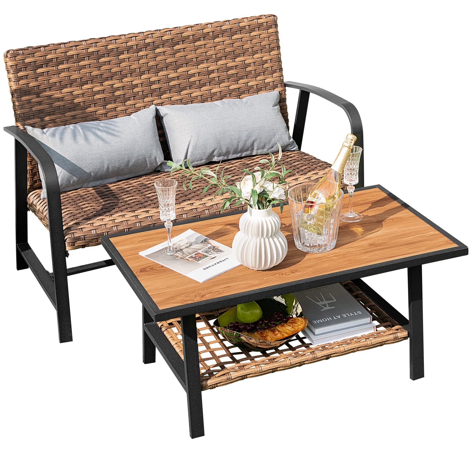 Tangkula 2 Piece Patio Furniture Set, Outdoor Loveseat Chair Set with Seat Back Cushions & Waist Pillows, Tempered Glass Coffee Table, Heavy-Duty Metal Sofa Set for Yard Garden Balcony Poolside