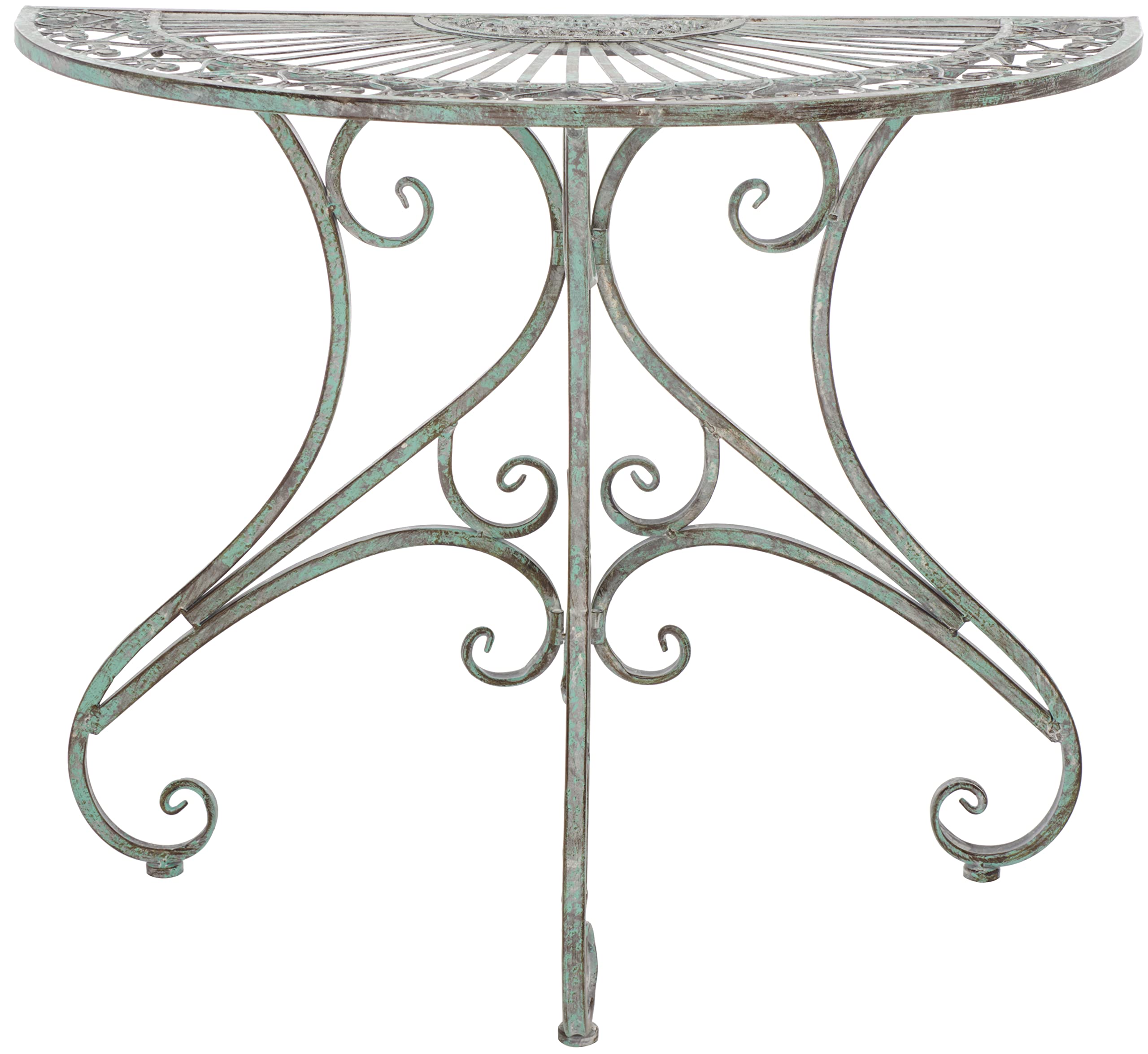 SAFAVIEH Outdoor - Annalise Half-Moon Accent Table - Rustic Brown Iron Metal - Vintage Baroque Scrollwork - Ideal for Patio, Deck, Porch, Garden, 35.5" W x 18.5" D x 29" H (PAT5008B)