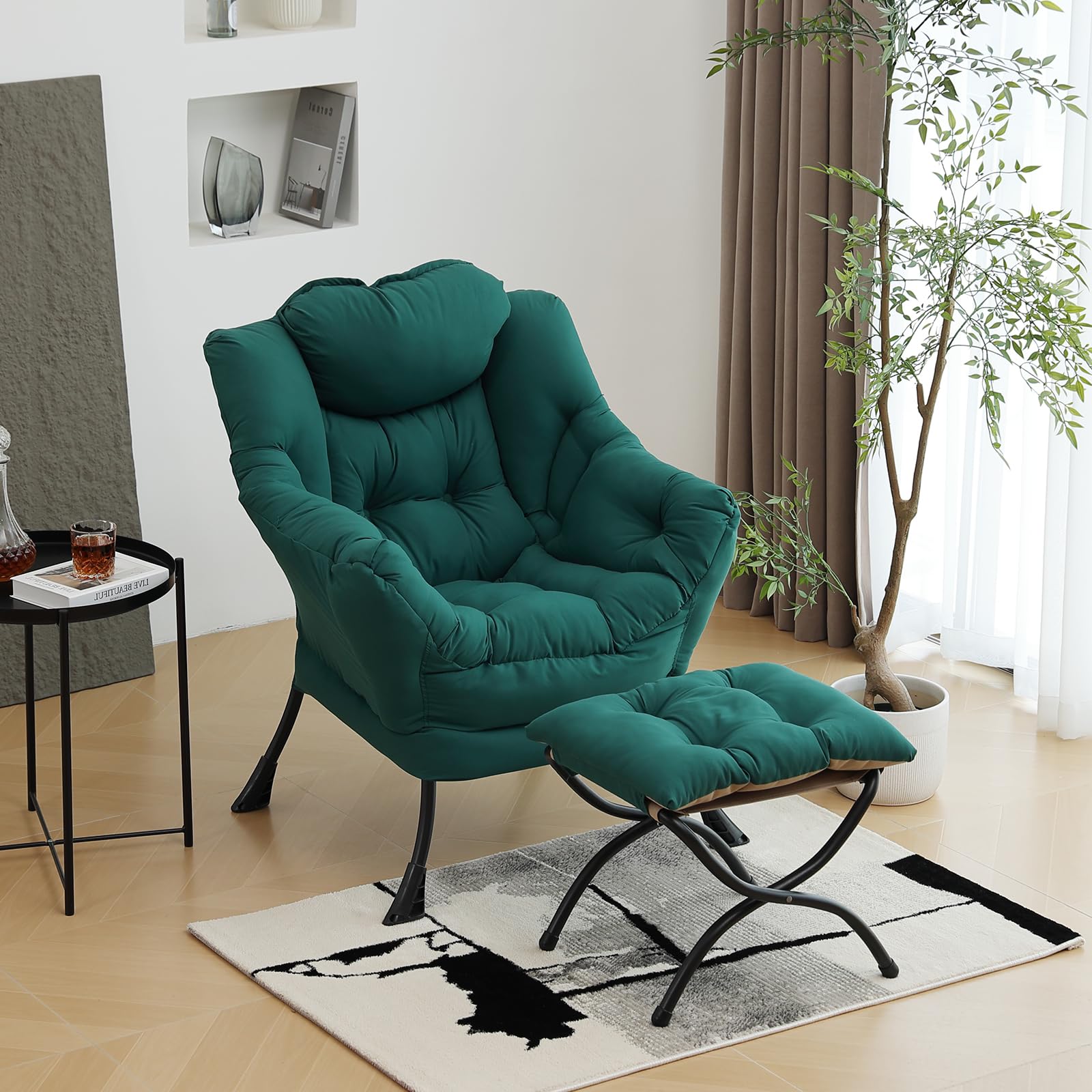 Furlide Lazy Chair with Ottoman, Modern Accent Chair with Armrests and a Side Pocket, Orange Accent Chairs, Reading Chairs, Oversized Armchairs for Bedroom, Study, Living Room, Courtyard