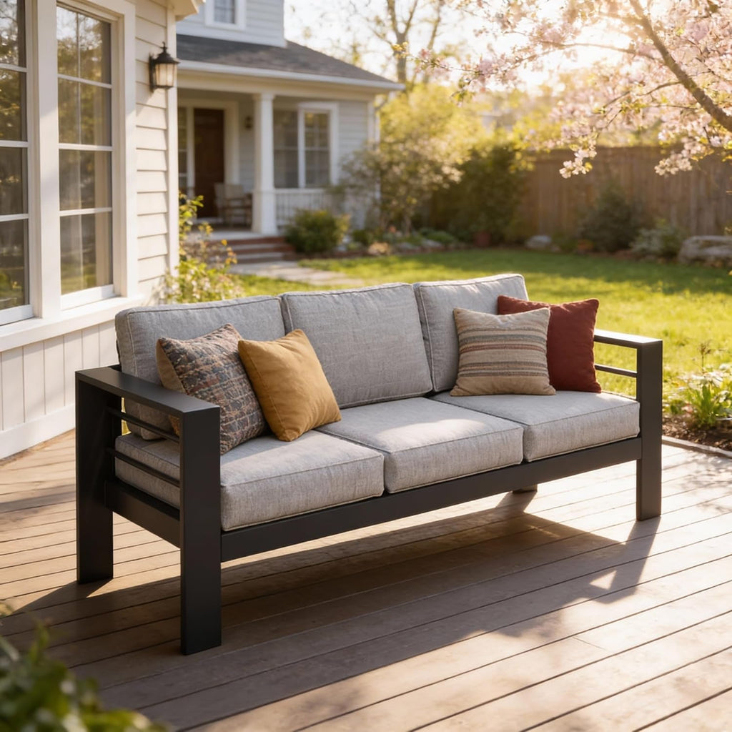 Kiss the Water Outdoor Couch Aluminum Patio Furniture Sofa, 3 Seat All-Weather Metal Patio Couch with 5" Thick and Soft Cushion and Wide Arm, Outdoor Sofa for Balcony, Porch