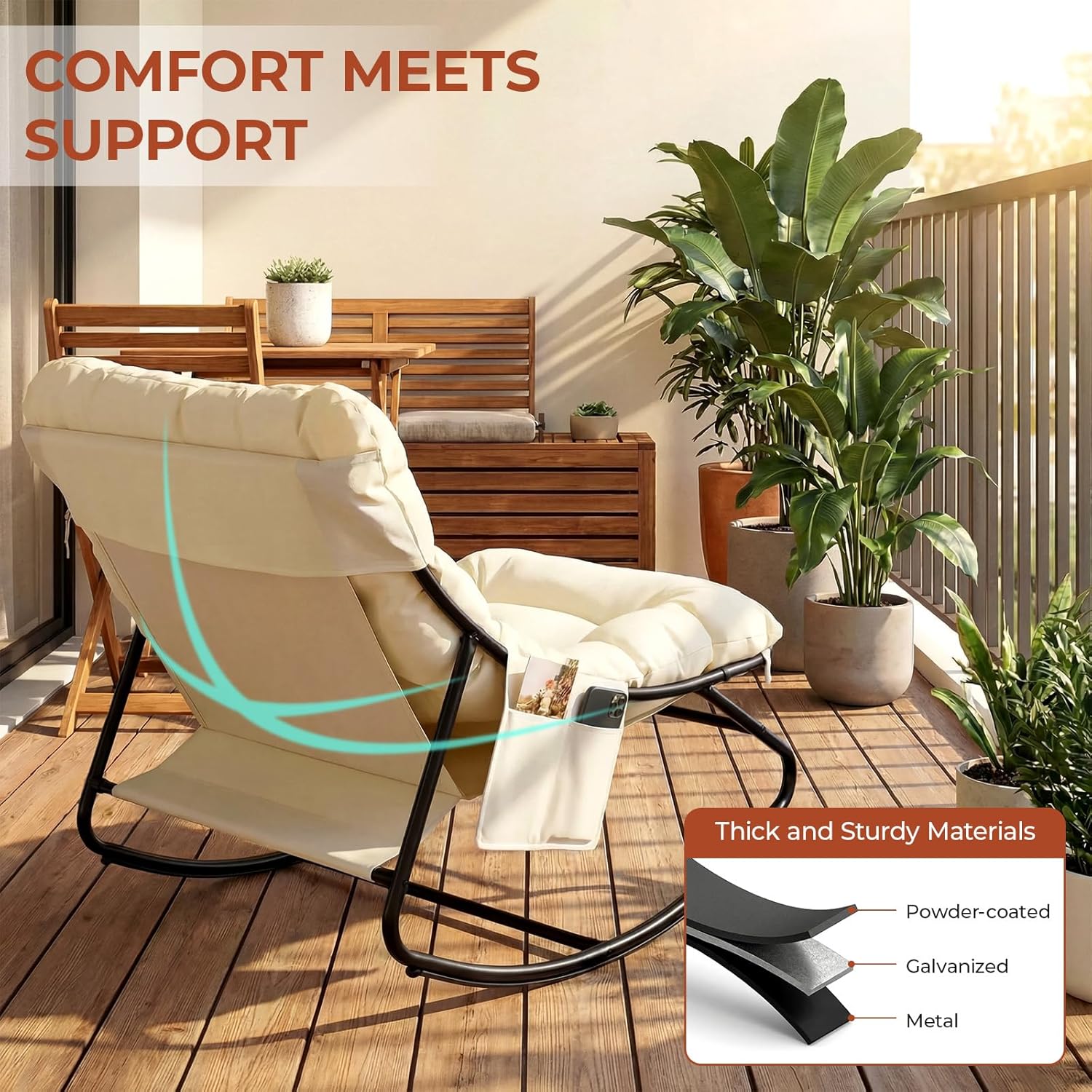 TLSUNNY Outdoor Papasan Rocking Chair, Lounge Chair with Cushion & Sturdy Metal Frame, Patio Rocker Chair for Balcony Backyard Porch Bedroom (1, Beige)