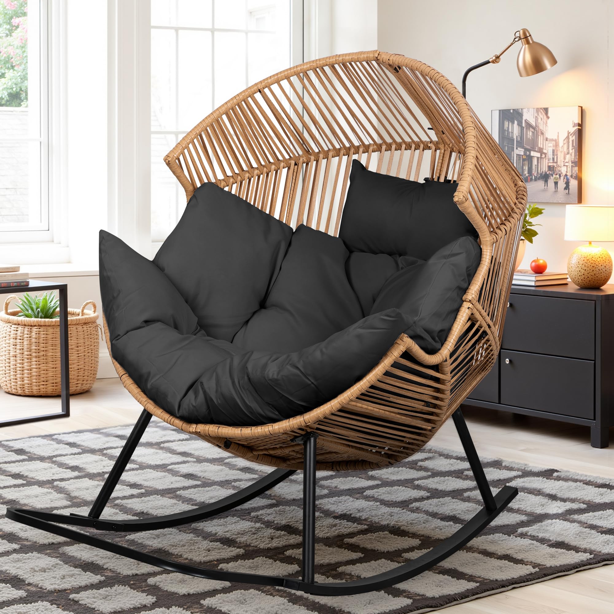 Vongrasig Wicker Egg Chair PE Rattan Chair with Cushion, Oversized Patio Lounge Chair for Outdoor, Indoor, Balcony, Backyard, Garden, Living Room, Beige