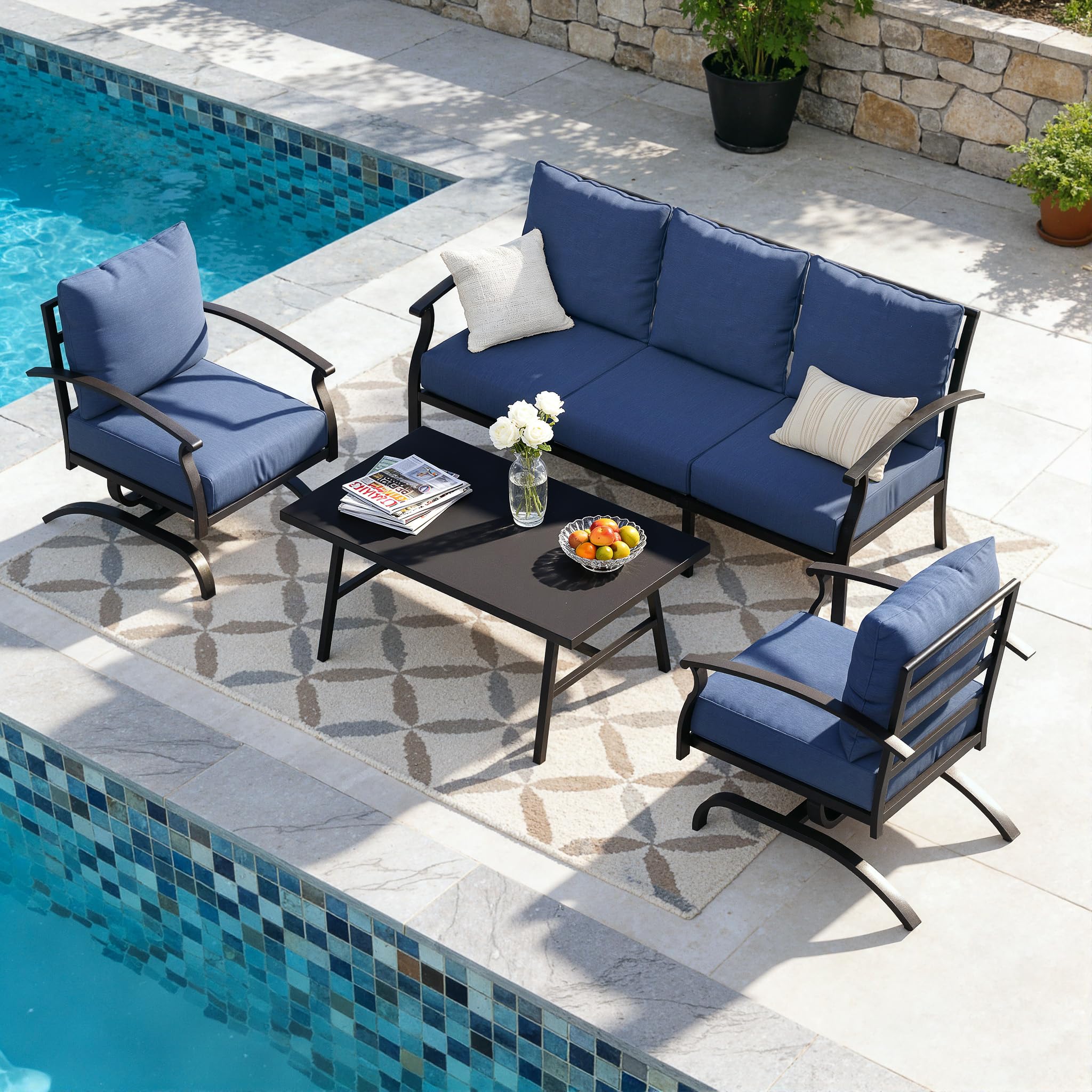 Kullavik Patio Furniture Set,4 Piece Metal Outdoor Patio Furniture Set,All Weather Modern Patio Conversation Sets w/3 Seater Sofa,2 Single Sofas and Coffee Table for Balcony Deck,Sand