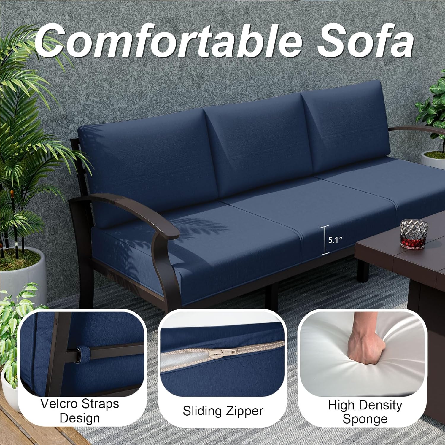 ALAULM Aluminum 3-Seat Patio Furniture Set, Metal Outdoor Furniture Sectional Sofas w/5.1" Cushions for Patio, Backyard, Poolside-DarkBlue