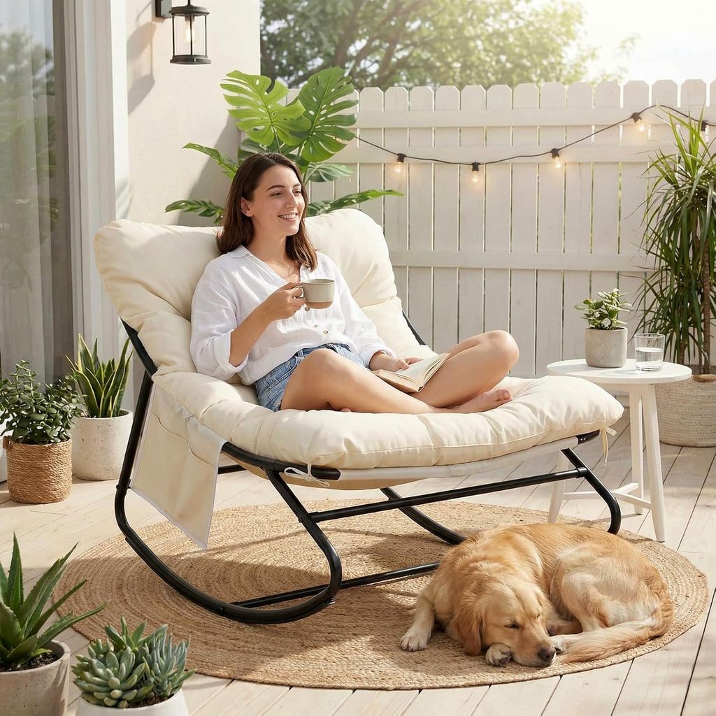 TLSUNNY Outdoor Papasan Rocking Chair, Lounge Chair with Cushion & Sturdy Metal Frame, Patio Rocker Chair for Balcony Backyard Porch Bedroom (1, Beige)