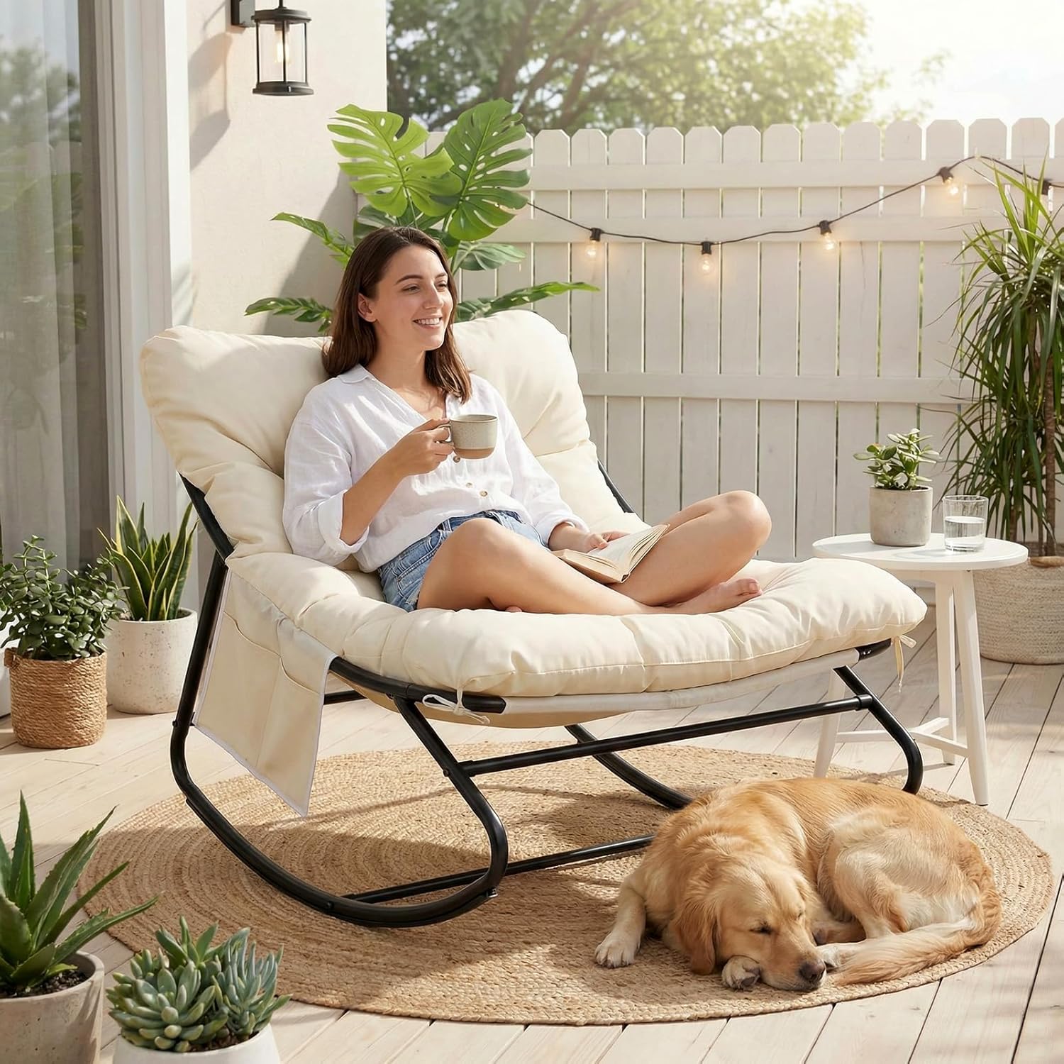 TLSUNNY Outdoor Papasan Rocking Chair, Lounge Chair with Cushion & Sturdy Metal Frame, Patio Rocker Chair for Balcony Backyard Porch Bedroom (1, Beige)