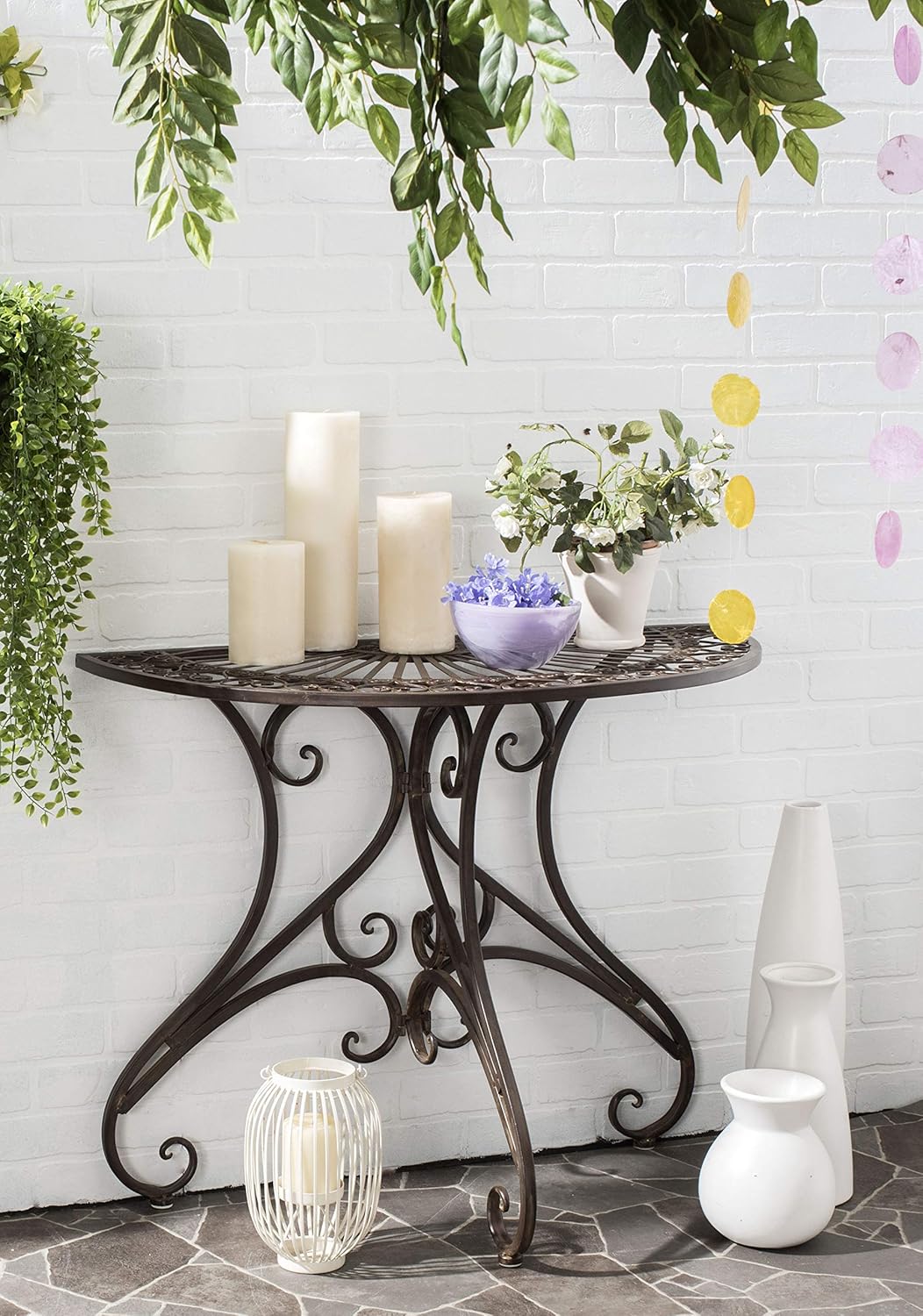 SAFAVIEH Outdoor - Annalise Half-Moon Accent Table - Rustic Brown Iron Metal - Vintage Baroque Scrollwork - Ideal for Patio, Deck, Porch, Garden, 35.5" W x 18.5" D x 29" H (PAT5008B)