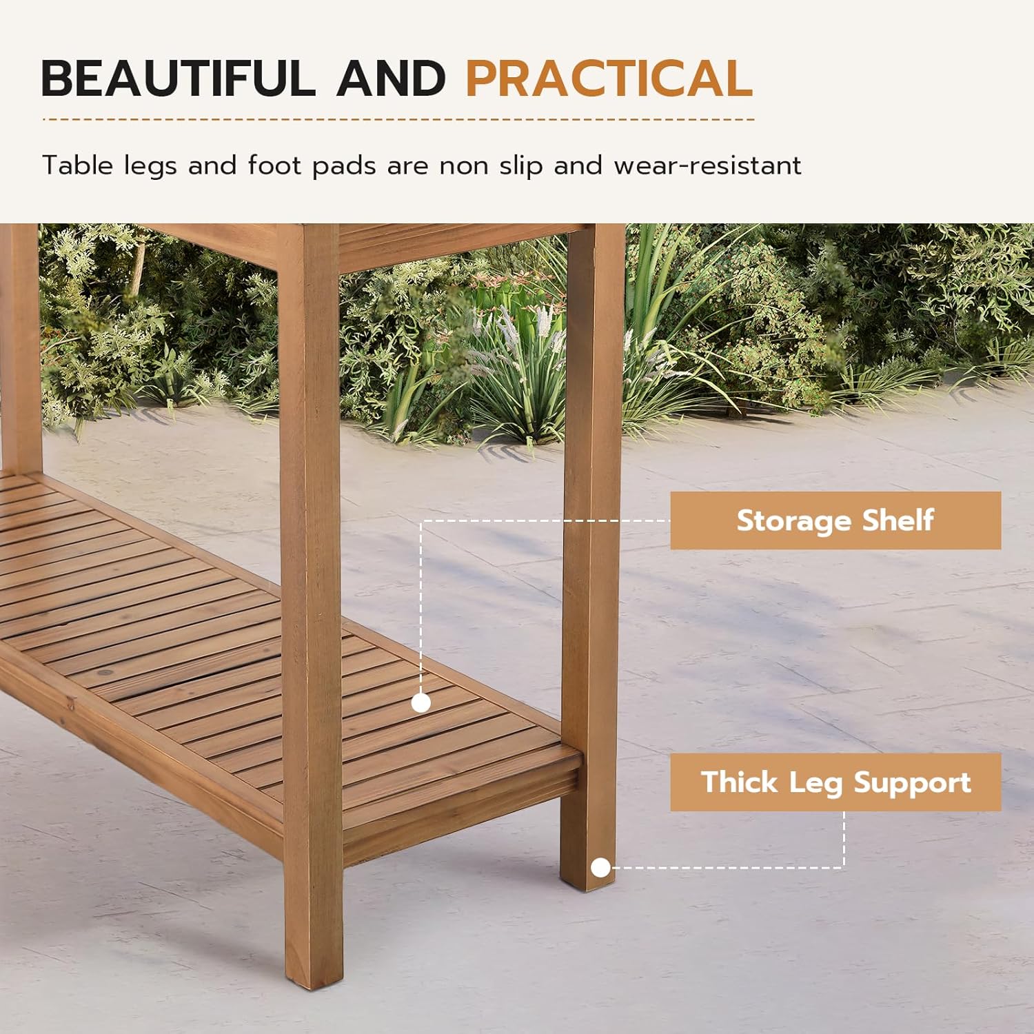 Patio Console Table 2 Shelf - 45'' Outdoor Rectangular Console Table Dining Table Long Bar Table Wooden for Backyard, Balcony, Poolside (Brown)
