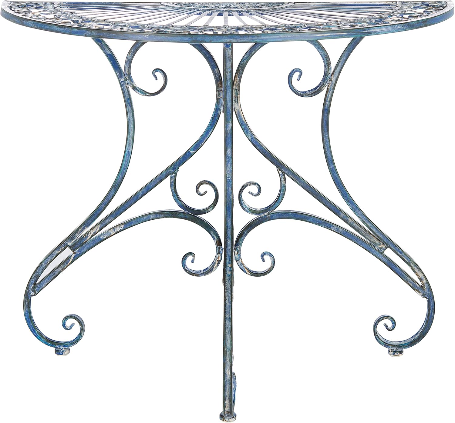 SAFAVIEH Outdoor - Annalise Half-Moon Accent Table - Rustic Brown Iron Metal - Vintage Baroque Scrollwork - Ideal for Patio, Deck, Porch, Garden, 35.5" W x 18.5" D x 29" H (PAT5008B)