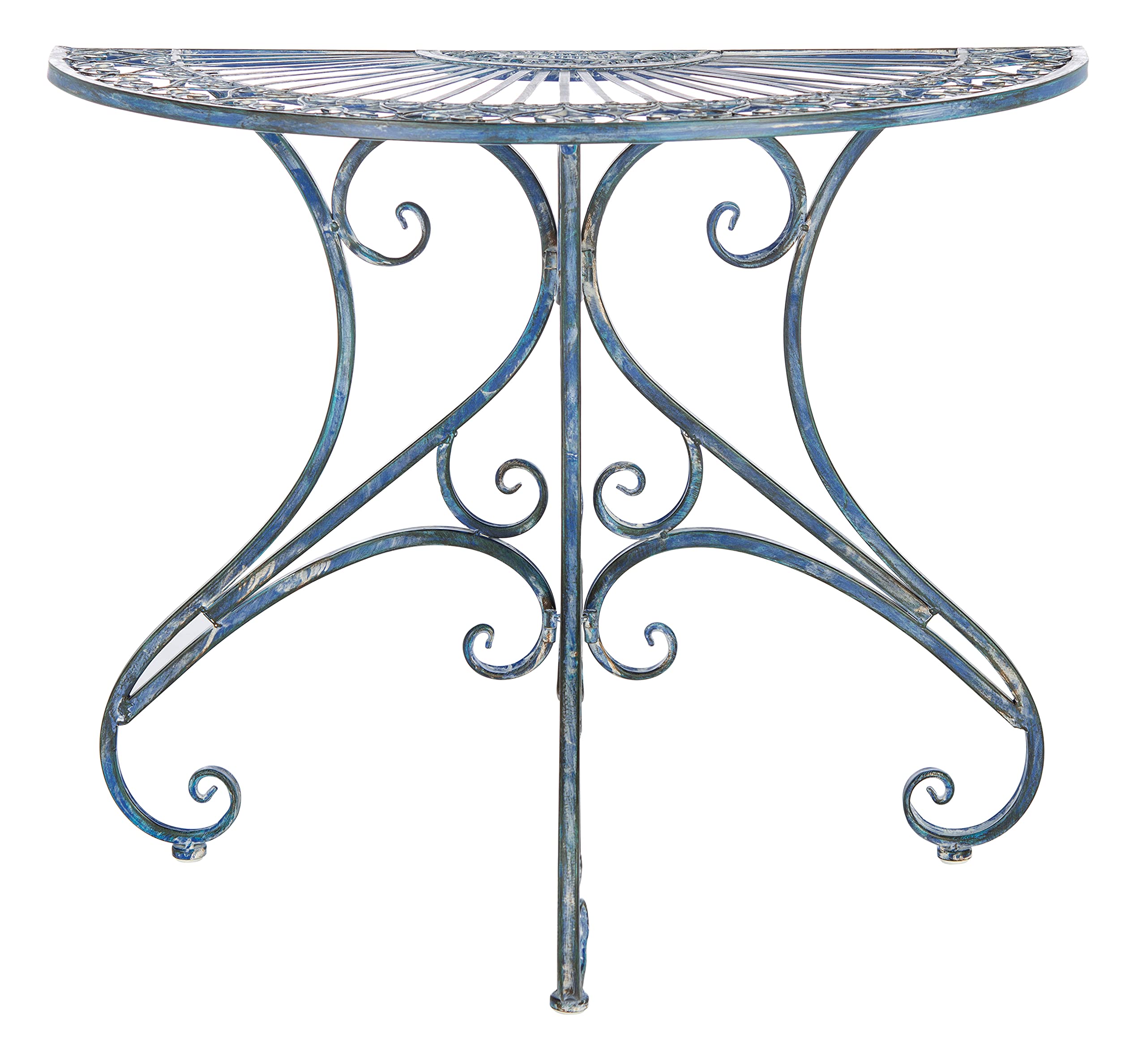 SAFAVIEH Outdoor - Annalise Half-Moon Accent Table - Rustic Brown Iron Metal - Vintage Baroque Scrollwork - Ideal for Patio, Deck, Porch, Garden, 35.5" W x 18.5" D x 29" H (PAT5008B)