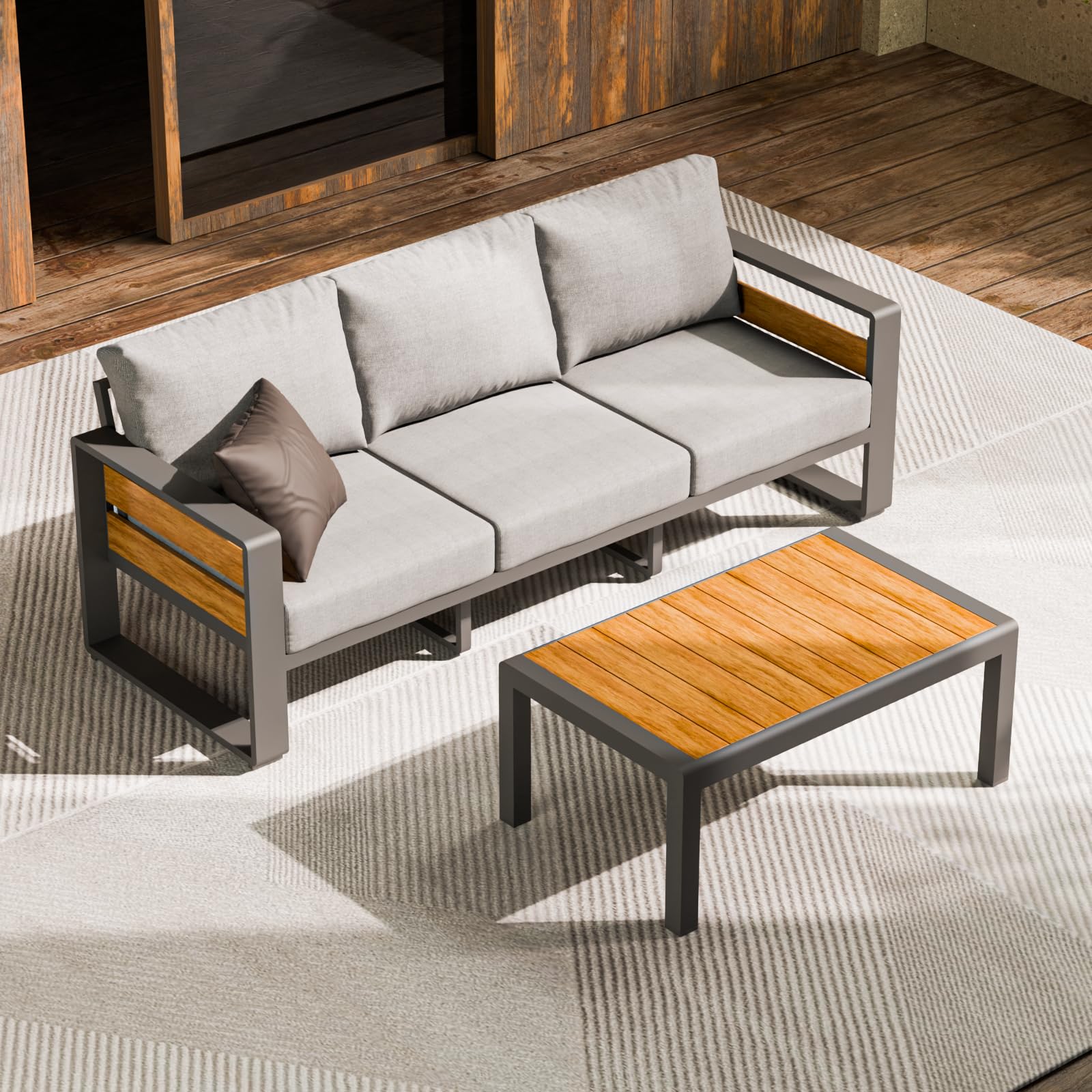 ZANDOR Outside Aluminum Lawn Furniture - 1 Pcs Loveseat, All-Weather Metal Modern Outdoor Loveseat Sofa with Washable Thick Cushion for Garden/Backyard/Porch, Silver